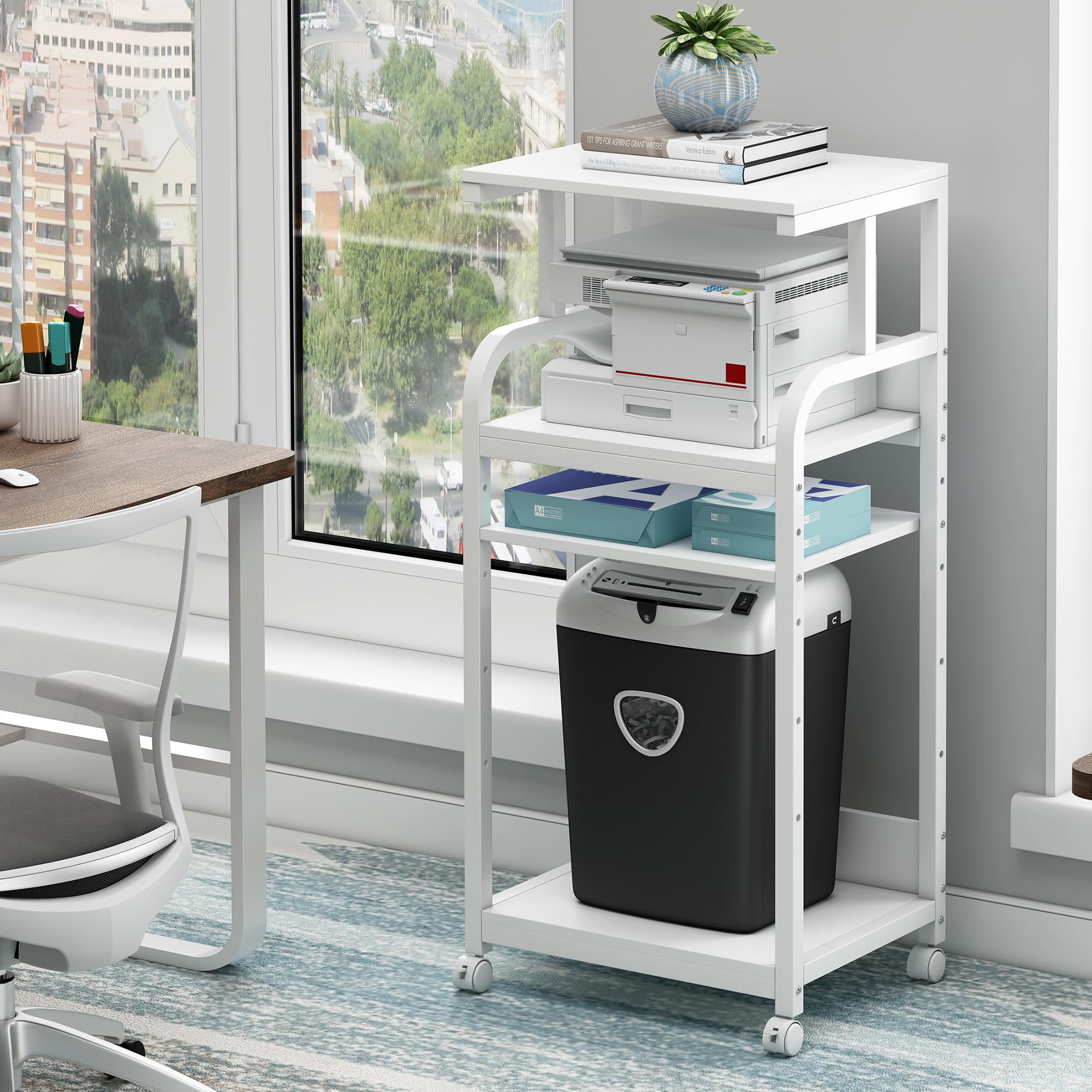 Fannova 4 Tier White Printer Stand Table With Adjustable Shelves, Movable Printer Shredder Stand With Wheels For Home Office Sto