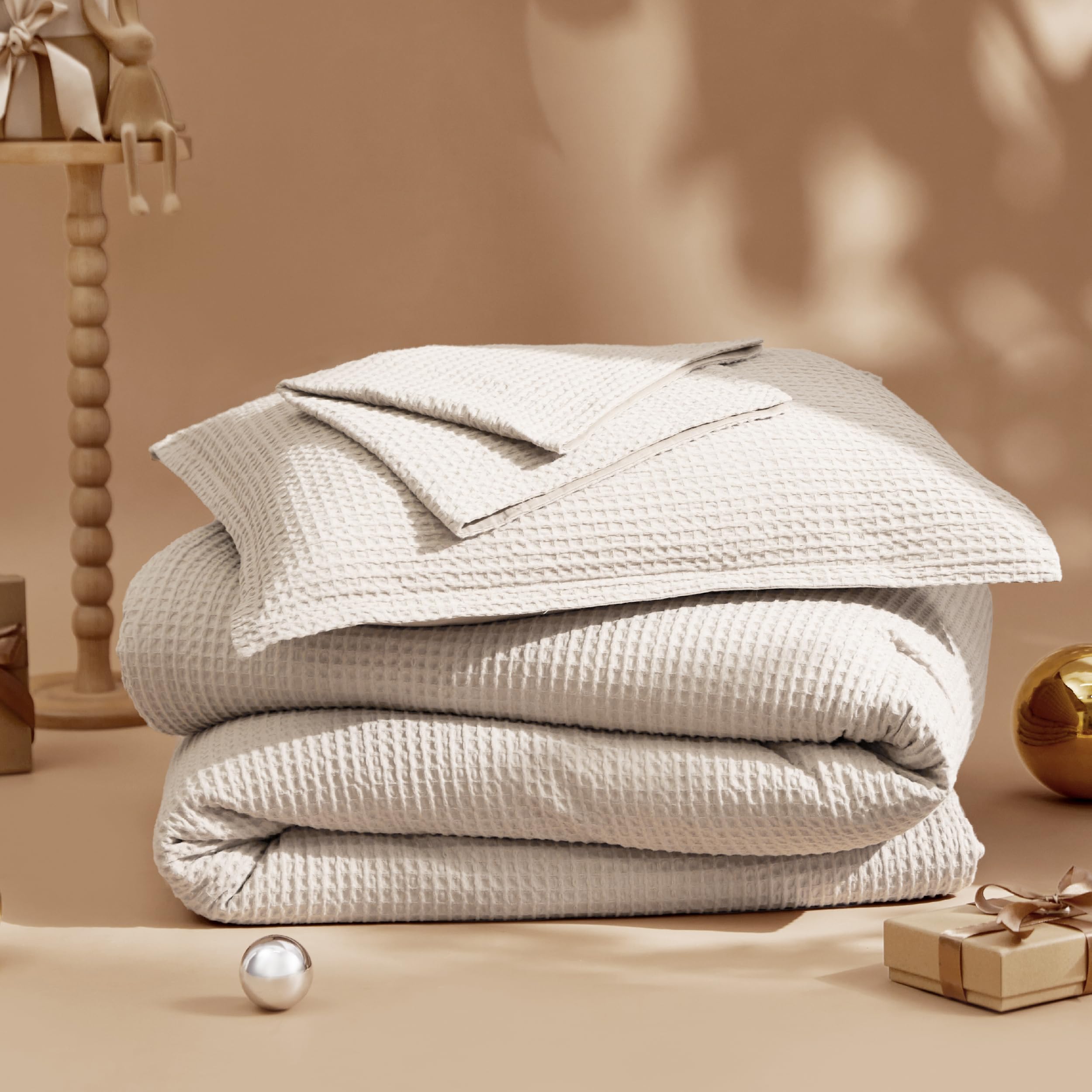 Bedsure Waffle Comforter Set Twin, Beige Soft Cotton Bedding Set, Waffle Weave Bed Set, 2 Pieces, 1 Comforter (68'X90') And 1 Pillow Sham, Premium Cotton Cover With Polyester Fill, Gift For Grandma