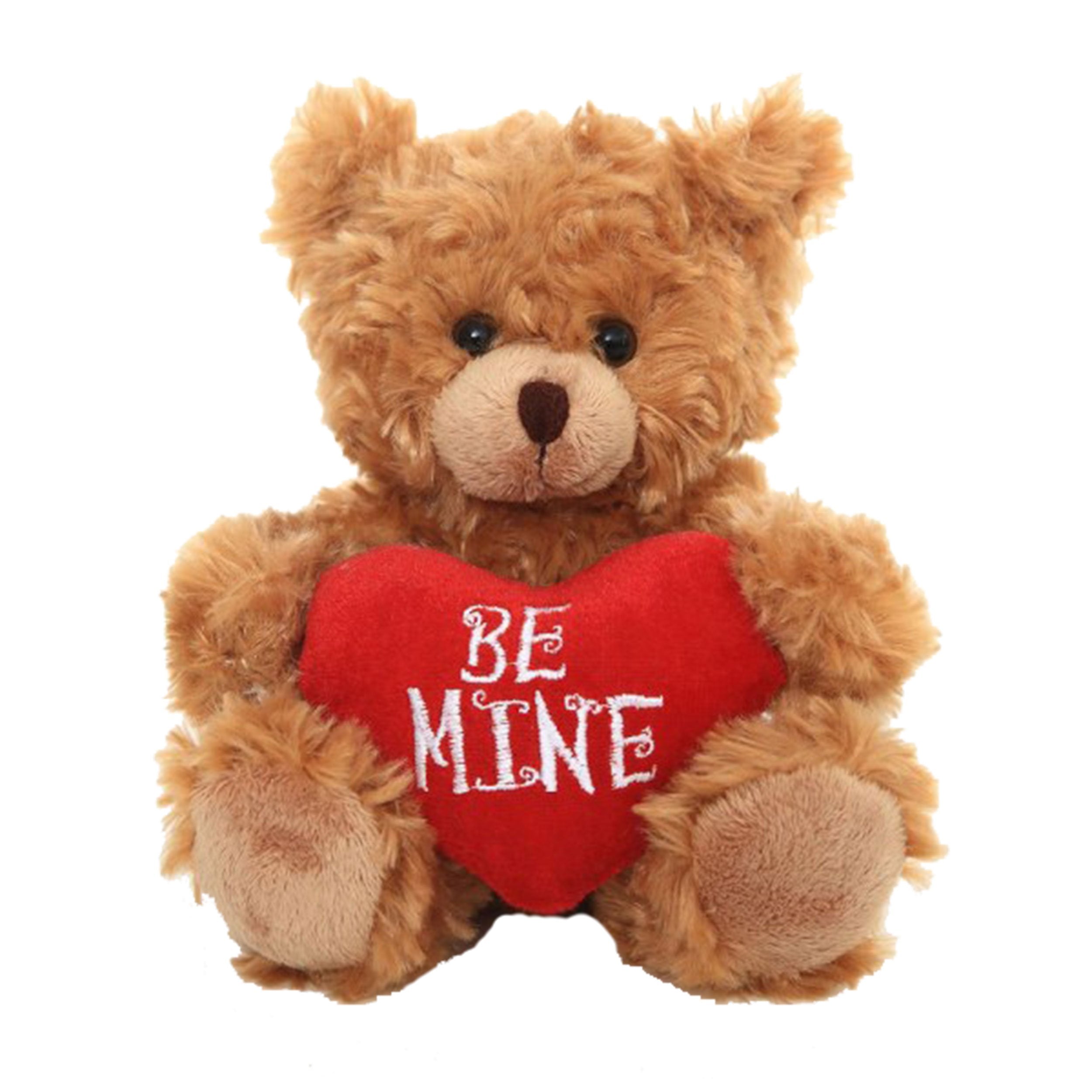 Plushland Stuffed Mocha Heart Bear - Be Mine- Plush Bear Toy For Kids & Adults - Embroidered Heart Pillow - Brown-6 Inches