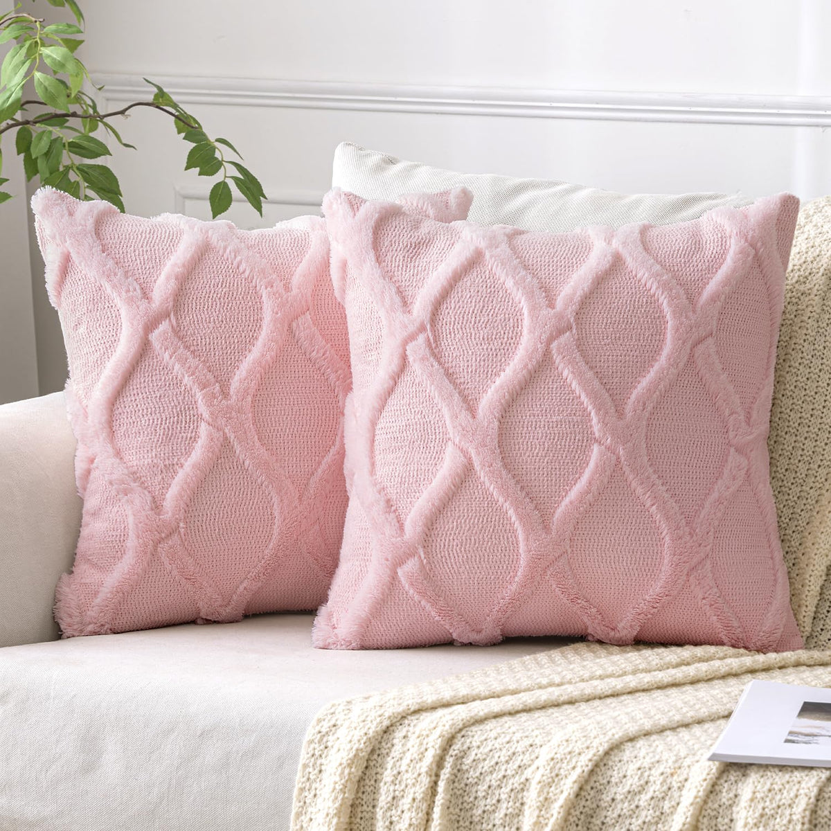 Miulee Spring Decorative Throw Pillow Covers Light Pink 18X18 Inch Set Of 2, Soft Plush Faux Wool Couch Cushion Covers Farmhouse