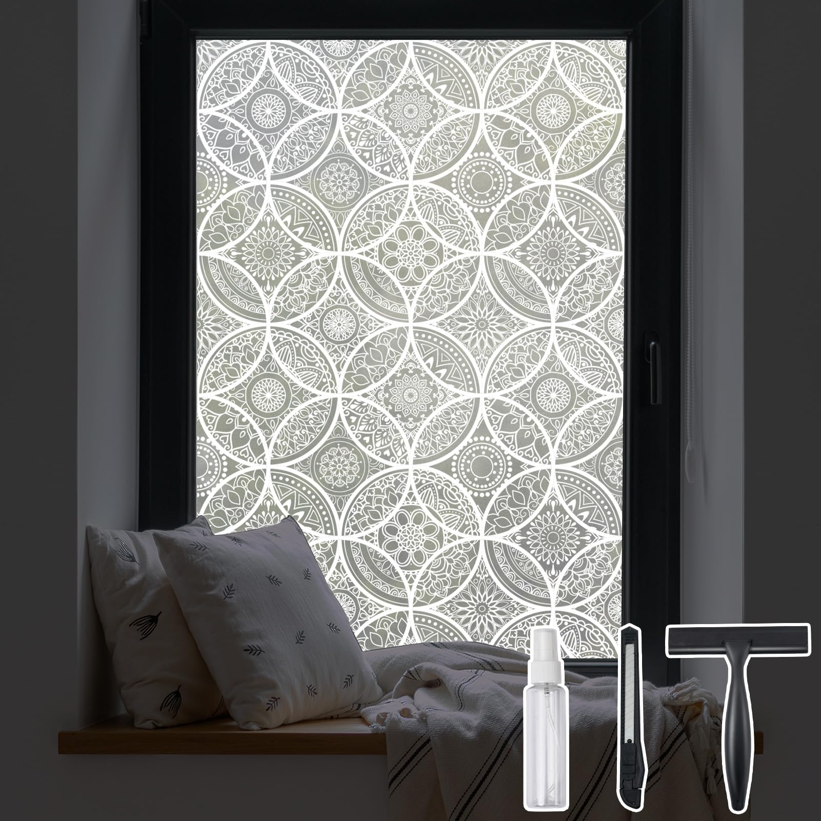 DKTIE Bohemian Decor Stained Glass Window Film with Installation Tools, Two-Way Window Privacy Film, Reduce Glare, Pure White, 1