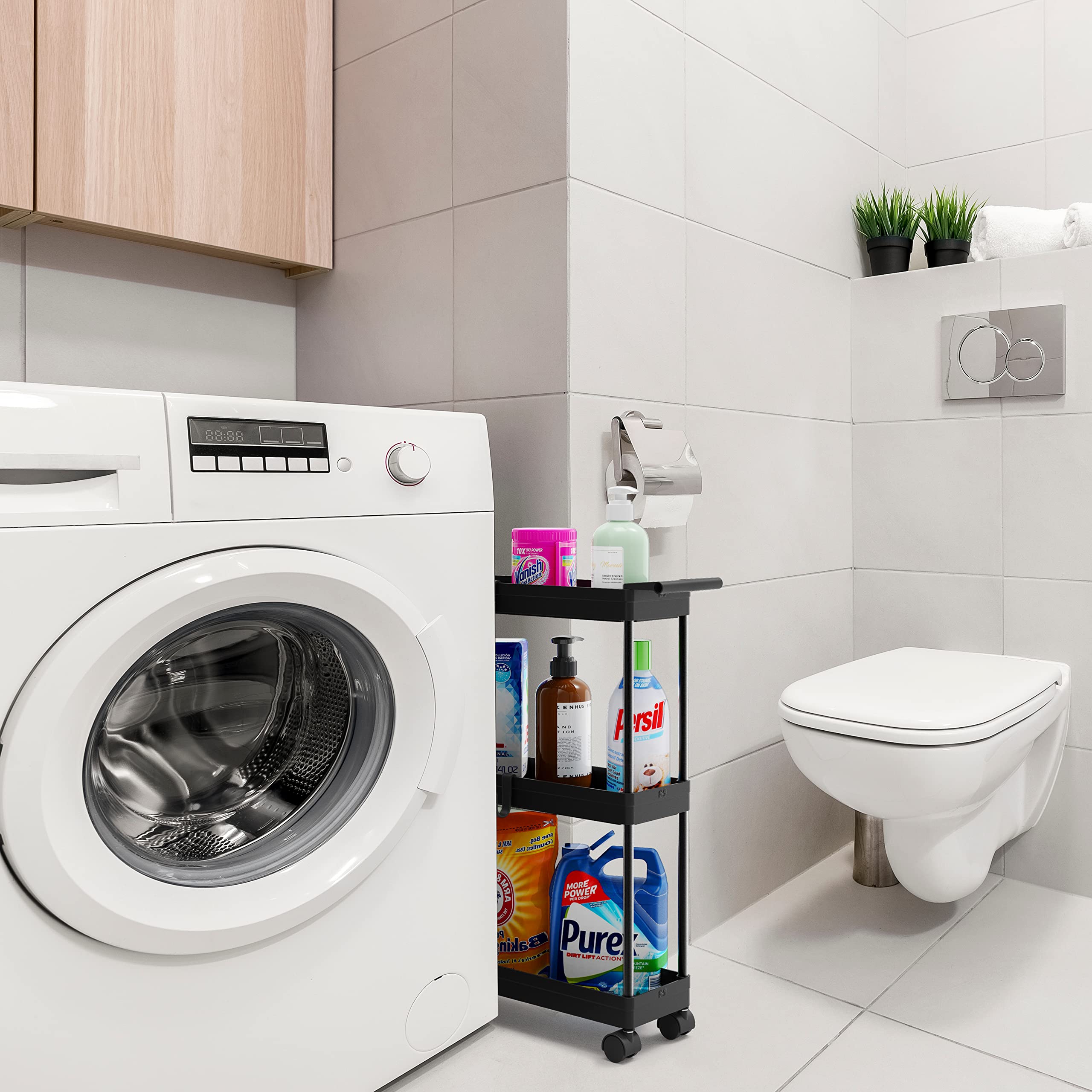 Simple Houseware 3-Tier Slim/Super Narrow Kitchen Cart With Handle, Hooks And Storage With Shelves, Black