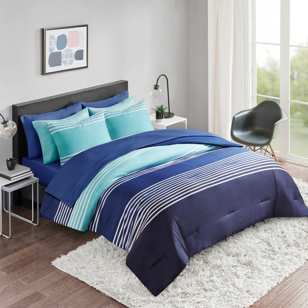 Comfort Spaces Queen Comforter Sets With Sheets - Bed In A Bag 9 Pieces Teen Bedding Sets Queen, Navy And Grey Stripes Bedding Q