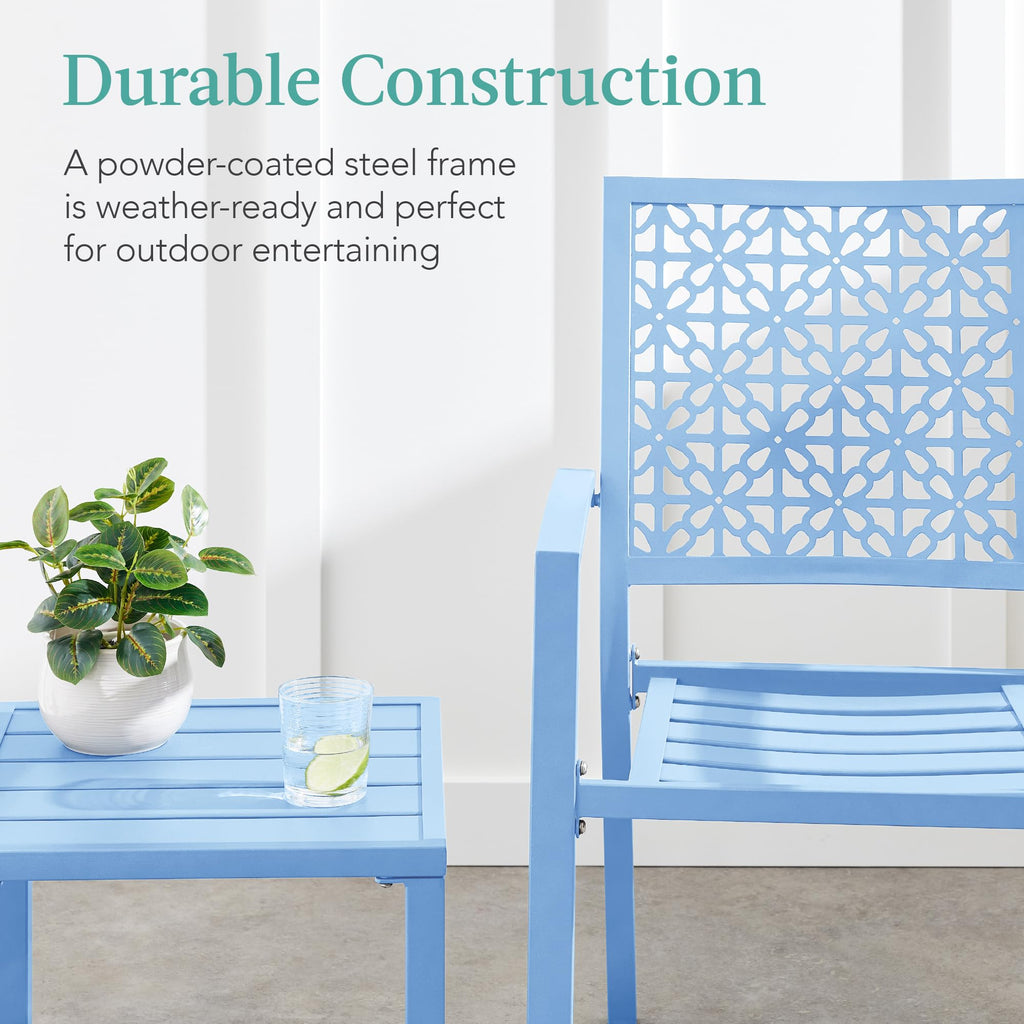 Best Choice Products 3-Piece Outdoor Bistro Set, Stackable Modern Steel Furniture For Porch, Garden W/ 2 Chairs, Table, Geometric Decor - Sky Blue