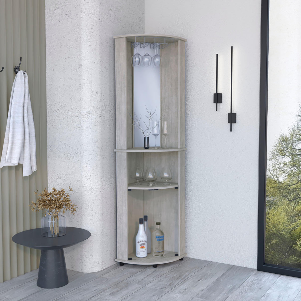 Depot E-Shop Nashville Corner Bar Cabinet Unit With Wine Glass Rack And Lower Cabinet, Concrete Gray