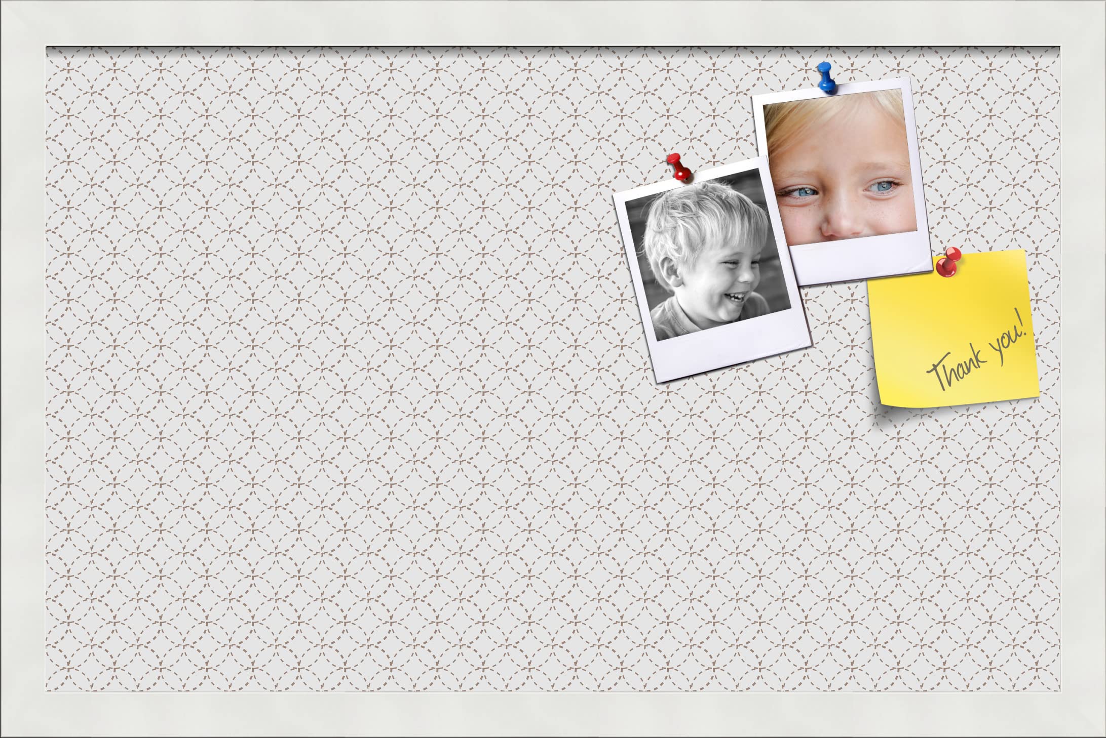 Pinpix 22X14 Inch Cork Bulletin Board. This Decorative Framed Pin Board Comes With Beige Circles Design And A Satin White Frame