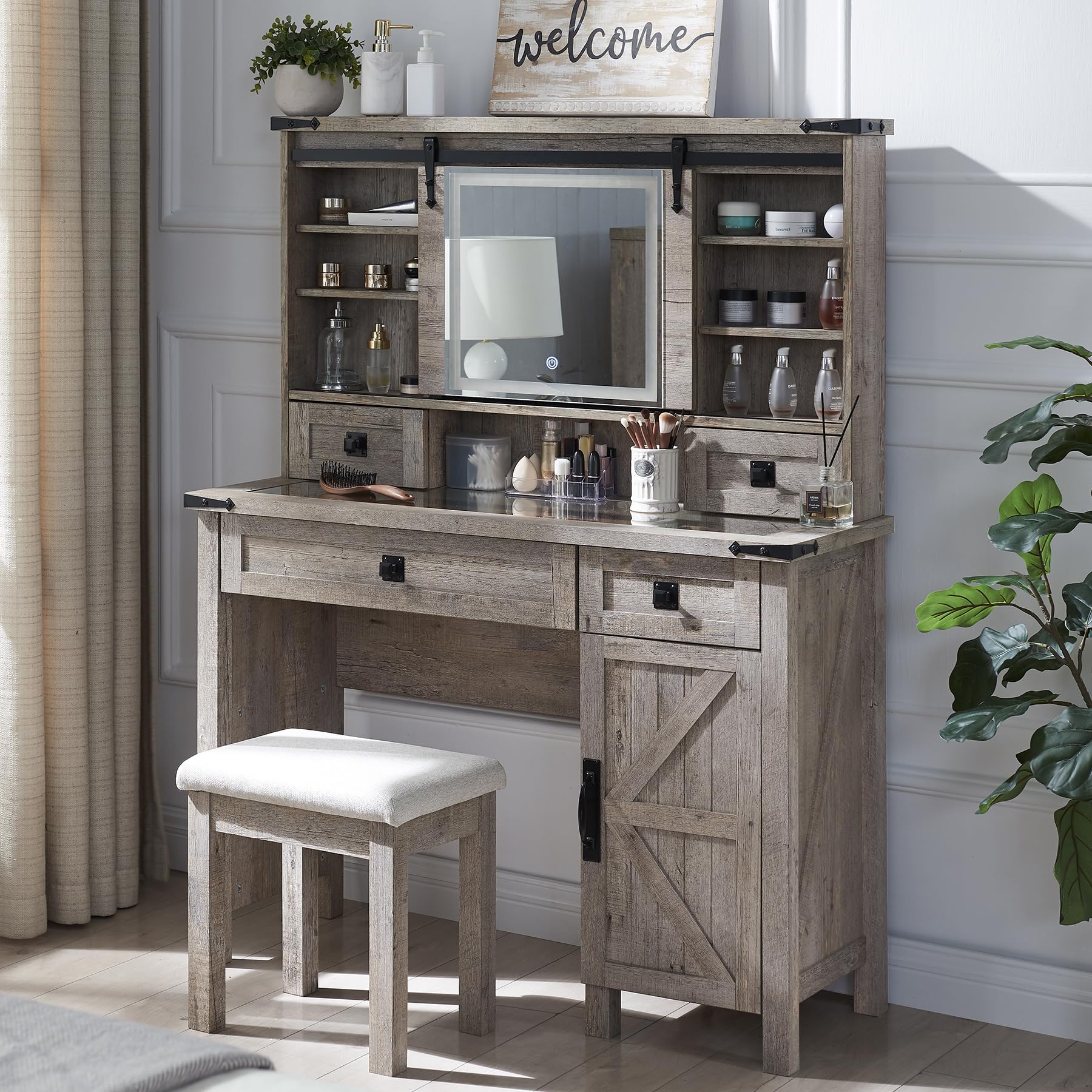 T4Tream Farmhouse Makeup Vanity Desk With Sliding Mirror And Lights, 42'' Glass Tabletop Vanity Table With 2 Drawers & Shelves, Rustic Big Vanity Set For Bedroom, Stool Included, Light Rustic Oak