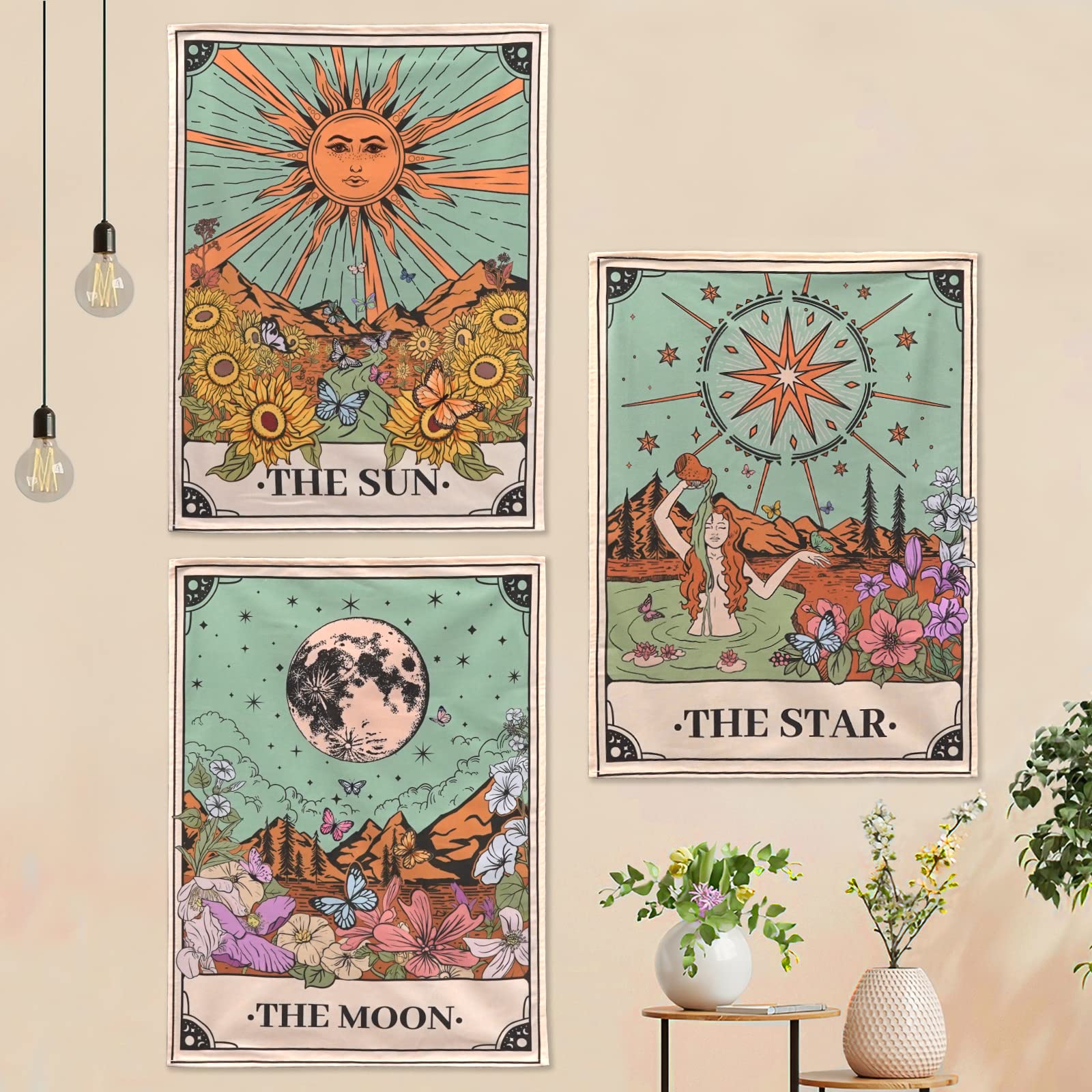 Aipon Tarot Tapestry Cute Tarot Card Tapestries 3 Pack Sun Moon Star Green Floral Flower Small Aesthetic Tapestry Wall Hanging F