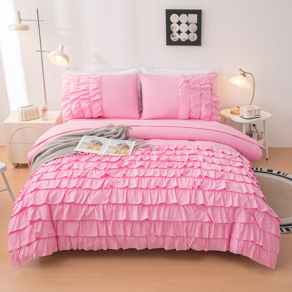 Yadangxiawa Teen Girls Pink Princess Dress Comforter Set Queen Size, 5 Pcs Bed In A Bag Girls Queen, Girls Pink Ruffled Bedding
