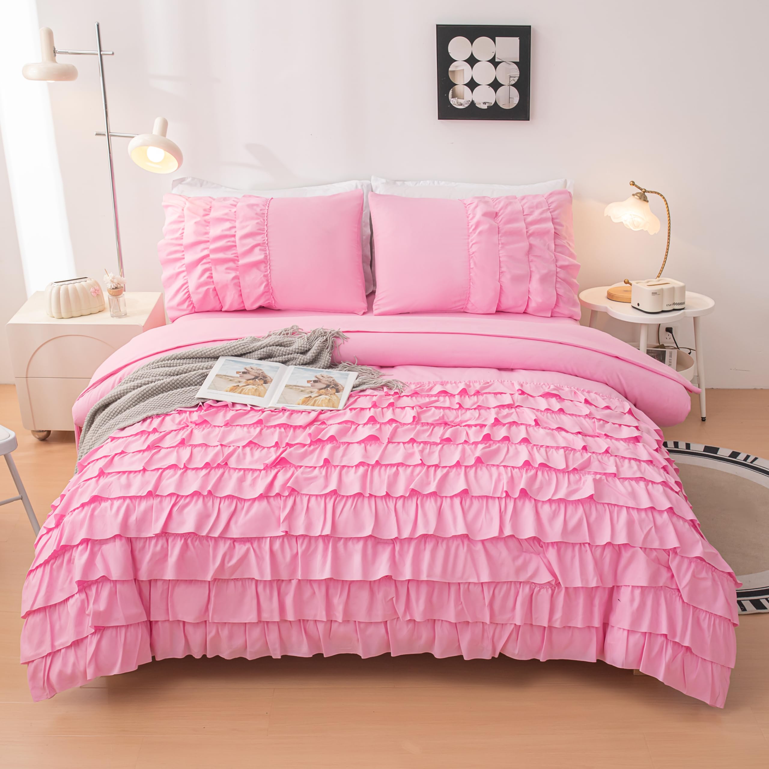 Yadangxiawa Teen Girls Pink Princess Dress Comforter Set Queen Size, 5 Pcs Bed In A Bag Girls Queen, Girls Pink Ruffled Bedding