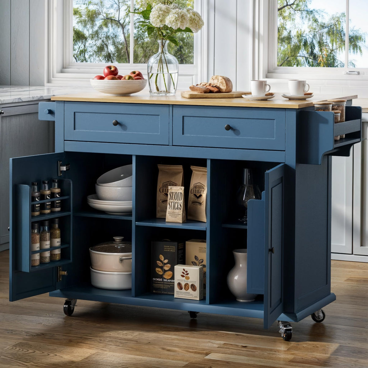 Vitalikus Kitchen Island On Wheels With Storage, 53' Portable Rolling Kitchen Island Table With Drop Leaf, Mobile Storge Island