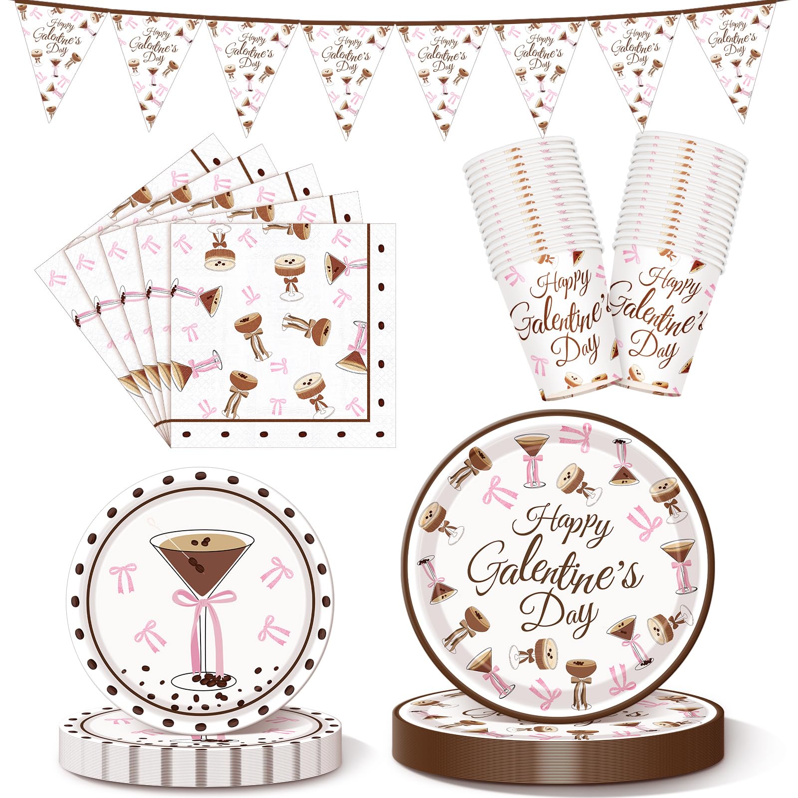 Qinyoung 25 Set Galentines Day Party Banner Decorations Espresso Martini Pink Bow Tableware Set Galentines Day Disposable Paper 