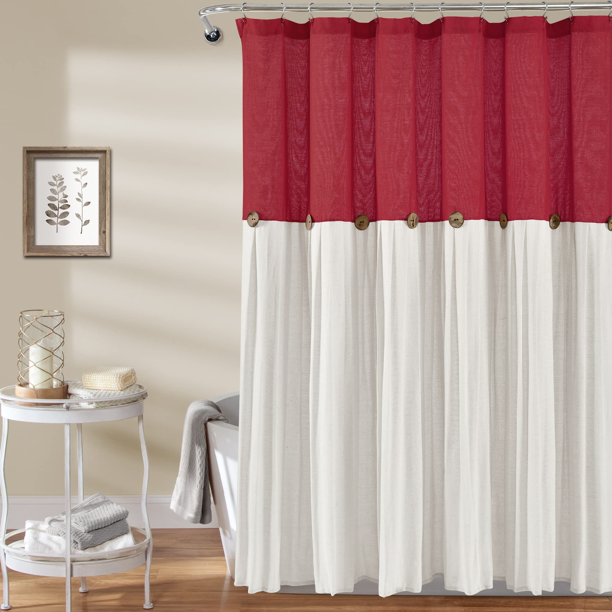 Lush Decor Linen Button Shower Curtain, 72' W X 72' L, Red & Off White - Rustic Shower Curtain - Color Block Bath Curtain With