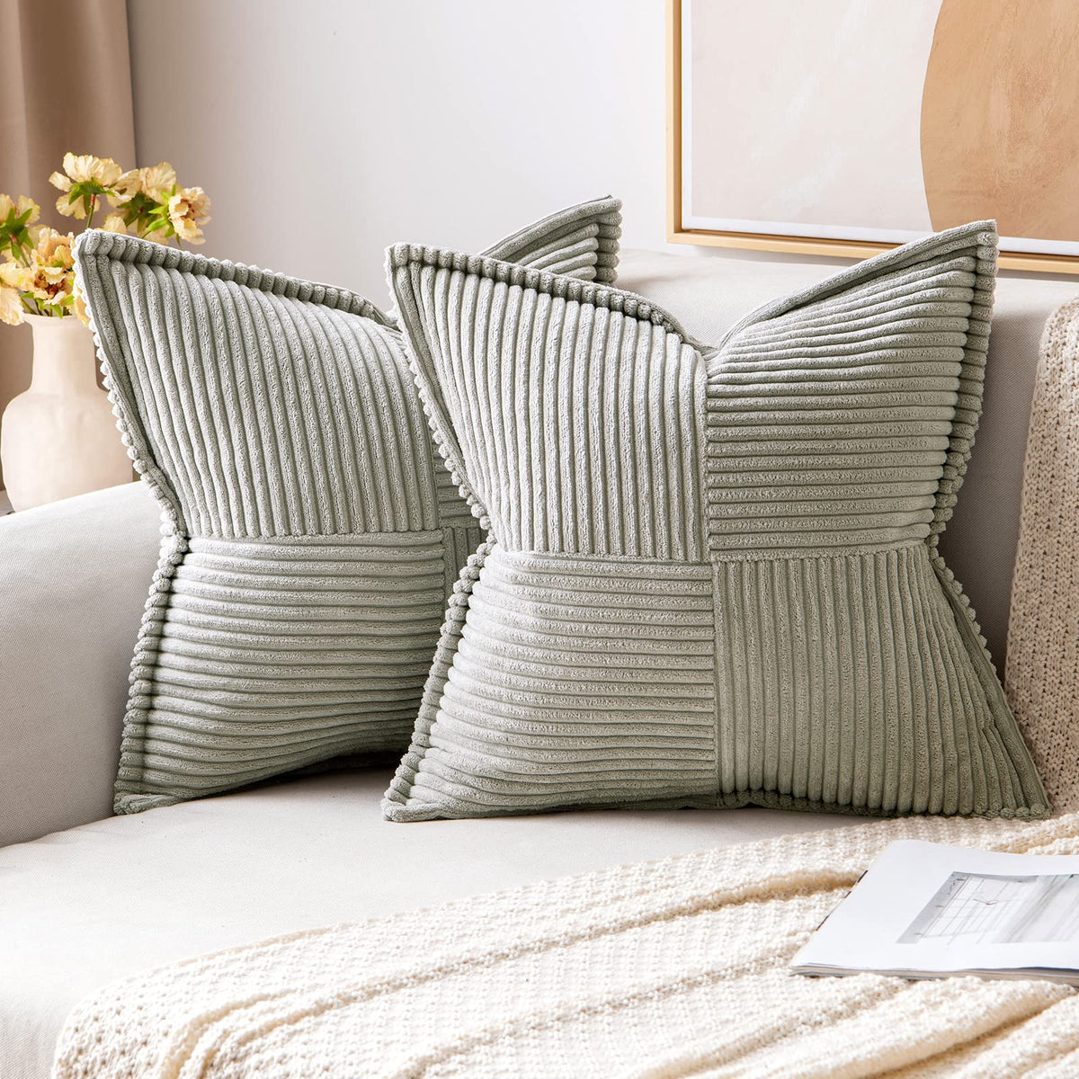 Miulee Light Grey Corduroy Pillow Covers 16 X 16 Inch With Splicing Set Of 2 Super Soft Boho Striped Pillow Covers Broadside Dec