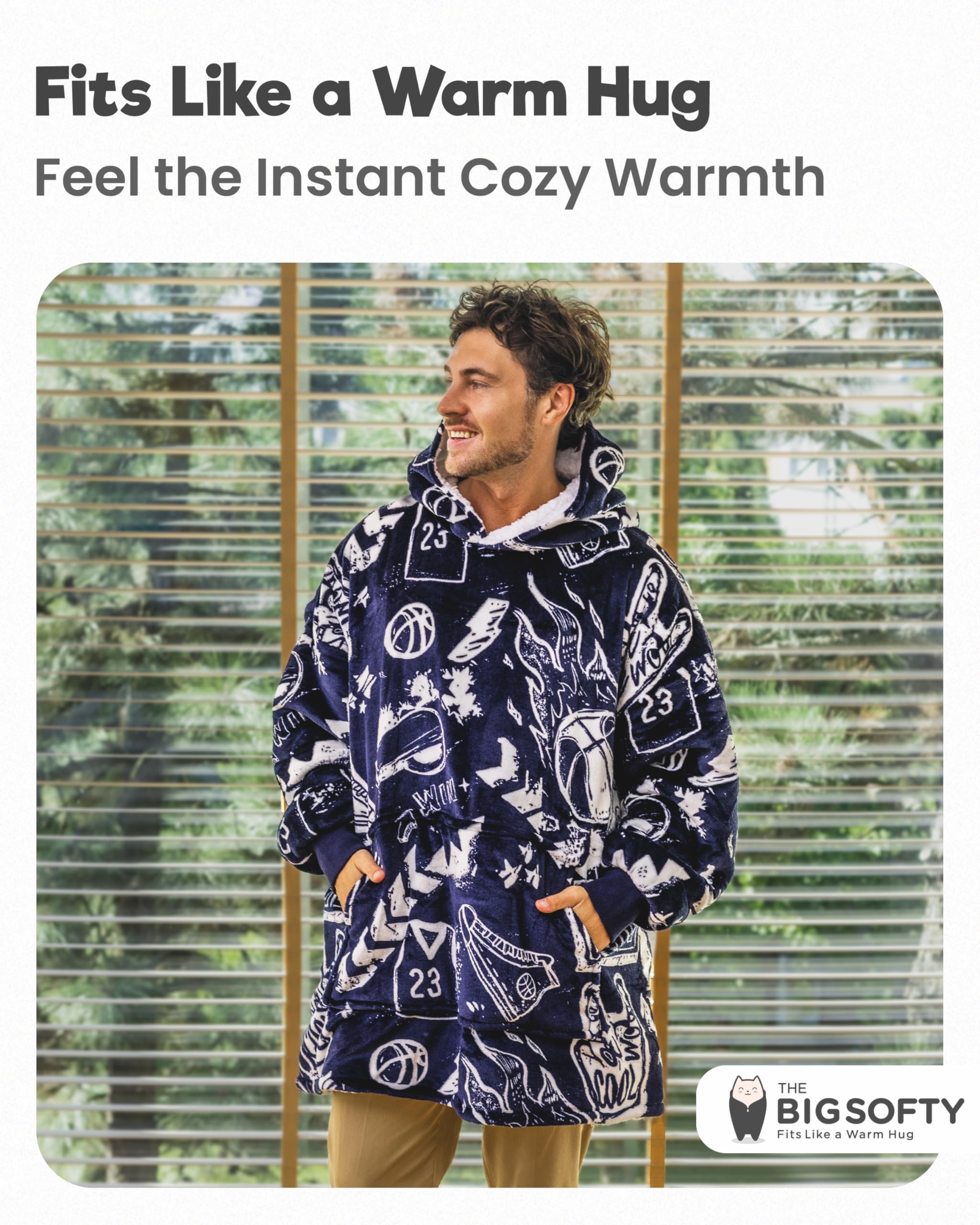 The Big Softy Oversized Blanket Hoodie Men - Basketball Graphic Print Oversized Hoodie, Super Soft Sherpa Warm Hooded Blanket, B