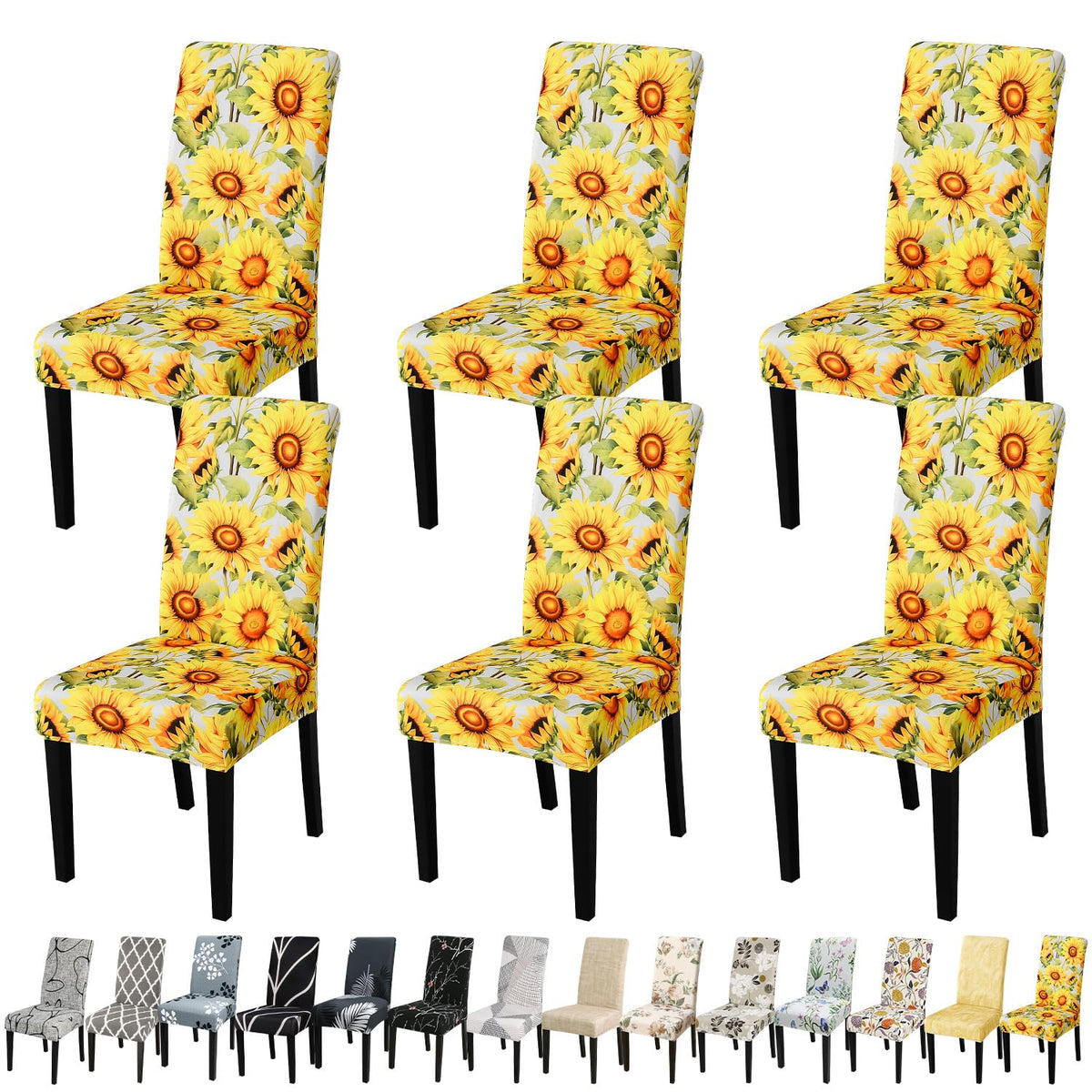 Jqinhome Pattern Chair Covers For Dining Room Set Of 6, High Stretch Removable Washable Parsons Chair Slipcover For Home Party Hotel Wedding Ceremony (Sunflower,6Pcs)