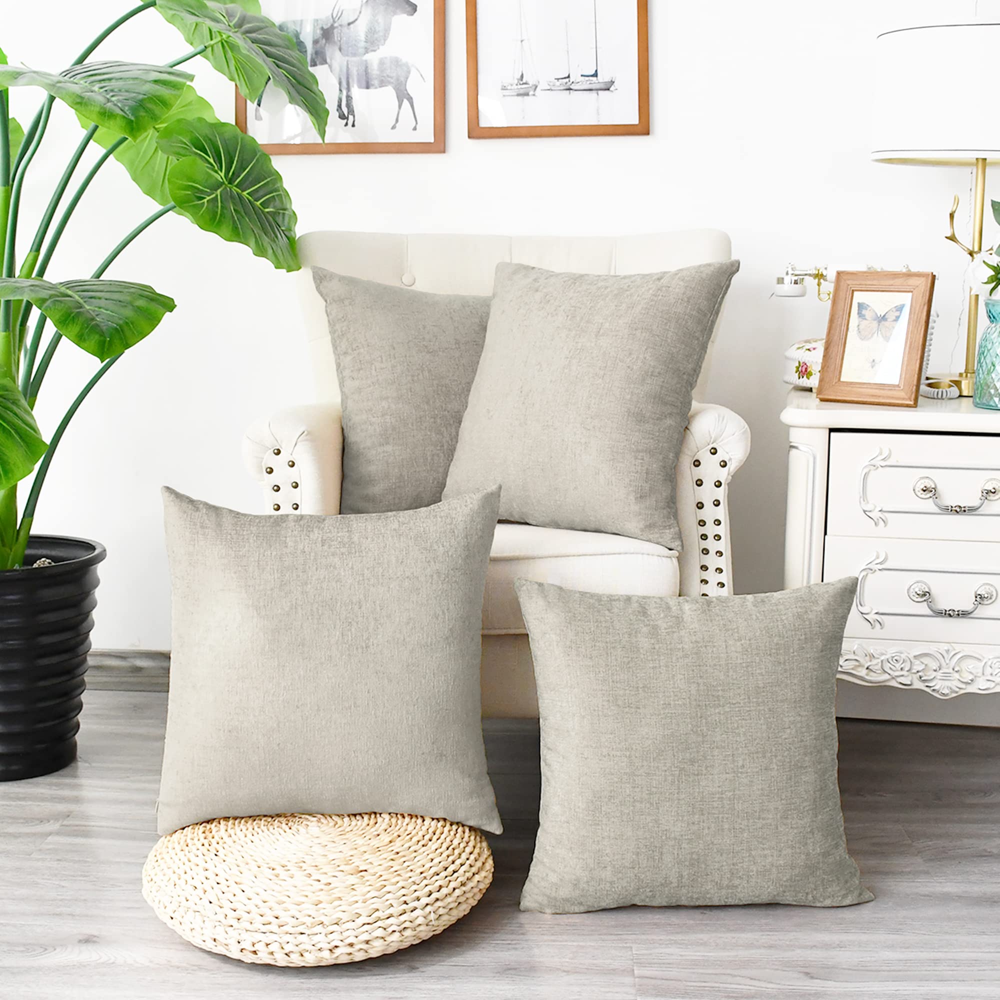 Calitime Pack Of 4 Cozy Throw Pillow Covers Cases For Couch Sofa Home Decoration Solid Dyed Soft Chenille 18 X 18 Inches Light T