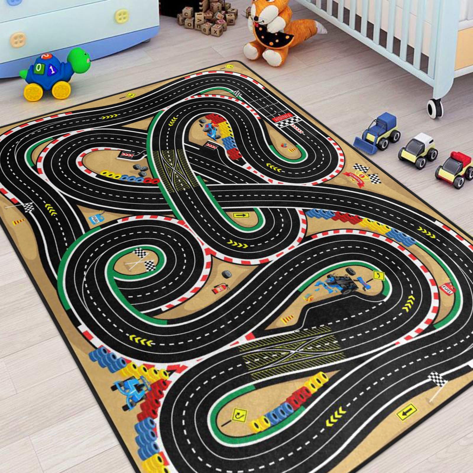 Racing Games Rug, 5X7 Ft Kids Carpet With Rubber Backing, 3D Cross Country Road Race Track Playmat Rugs Racing Karting Start And