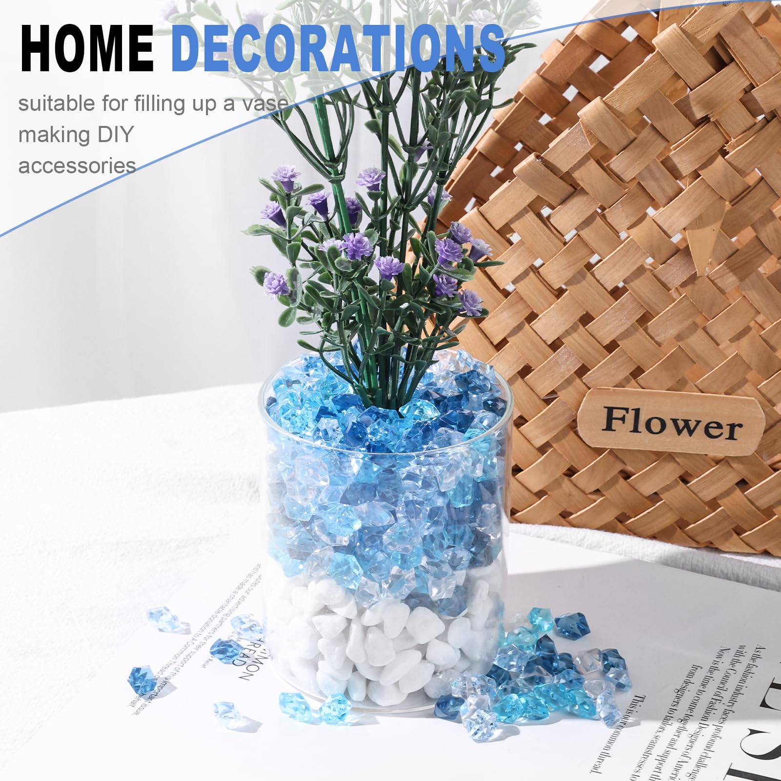 Domestar 550Pcs Mixed Blue Vase Fillers, Acrylic Fake Crushed Ice Rocks Fish Tank Vase Centerpiece Party Table Scatter Props Dis