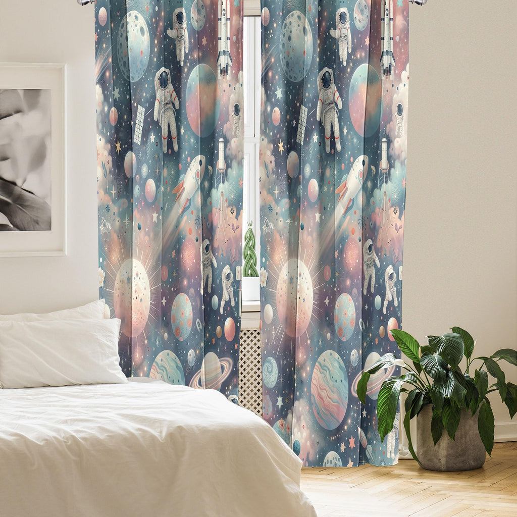Ambesonne Outer Space Window Curtains Pack Of 2, Dreamy Cartoon Galaxy With Starry Clouds Planets Astronauts Rockets, Lightweigh