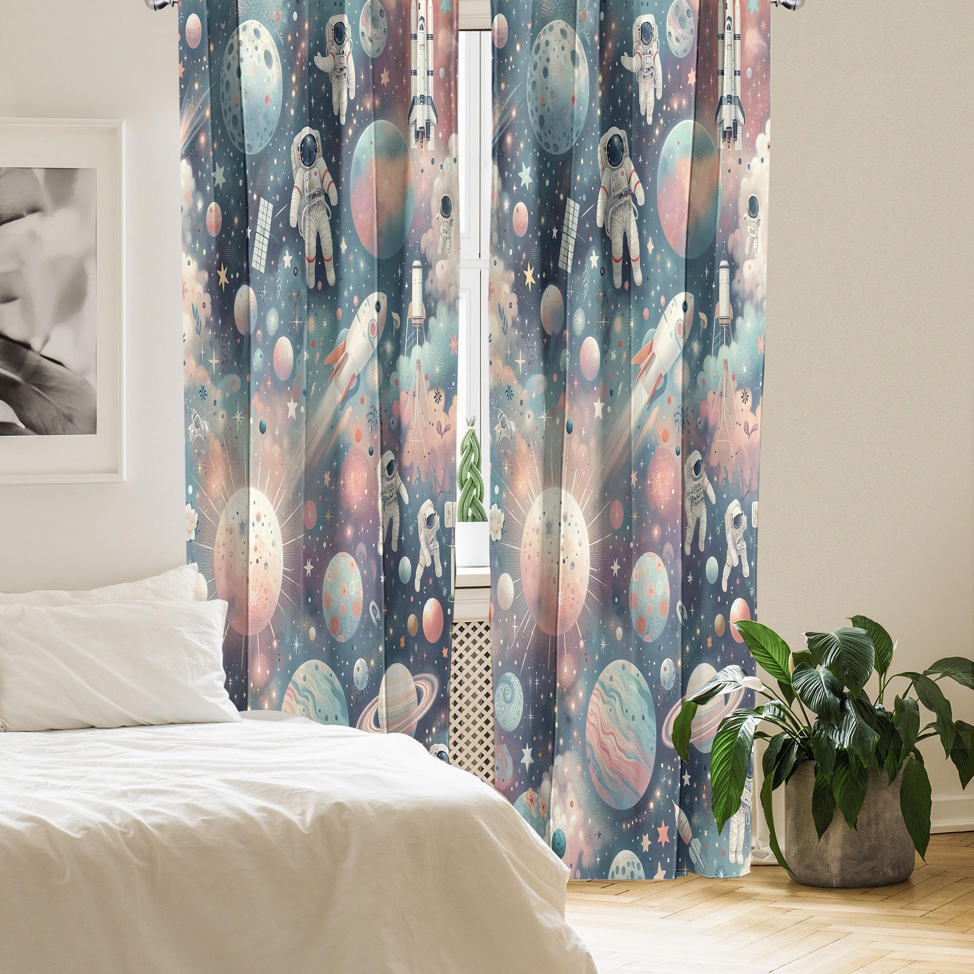Ambesonne Outer Space Window Curtains Pack Of 2, Dreamy Cartoon Galaxy With Starry Clouds Planets Astronauts Rockets, Lightweigh