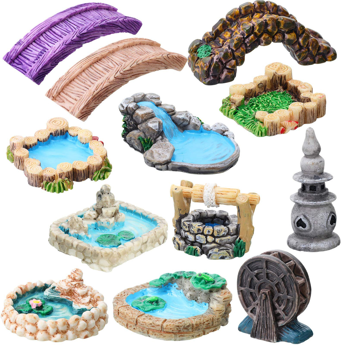 12 Pcs Garden Accessories Miniature Bridge Mini Lighthouse Water Well Bridge Figurines Pond Lawn Garden Ornament Figurines For D