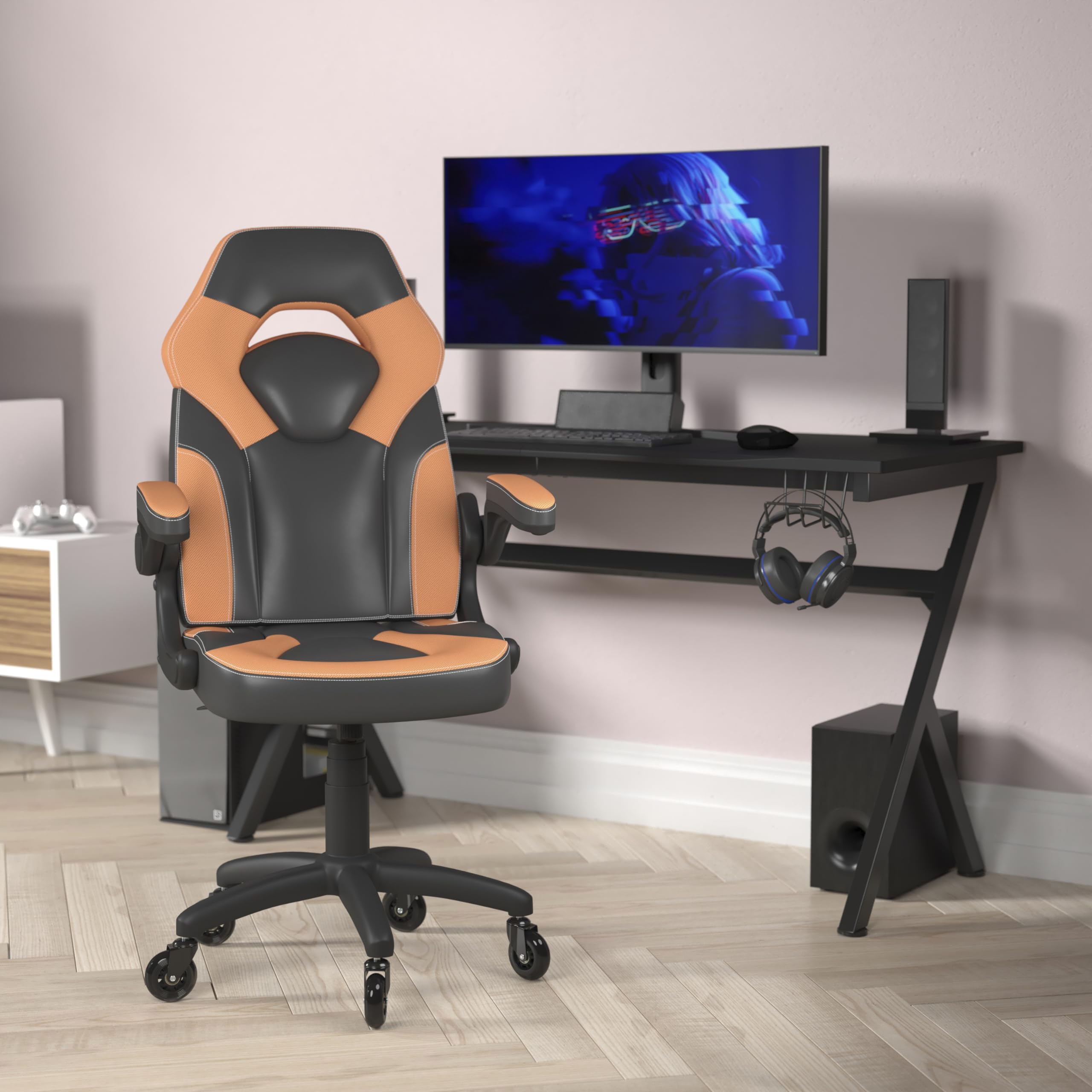 Flash Furniture X10 Gaming Chair Racing Office Computer Pc Adjustable Chair With Flip-Up Arms And Transparent Roller Wheels, Orange/Black Leathersoft