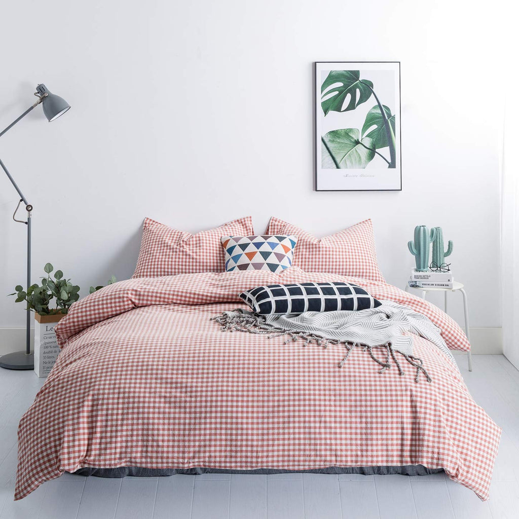 SUSYBAO Orange Grid Duvet Cover King 100% Washed Cotton Coral Gingham Duvet Cover Set 3 Pieces 1 Holiday Plaid Duvet Cover with 