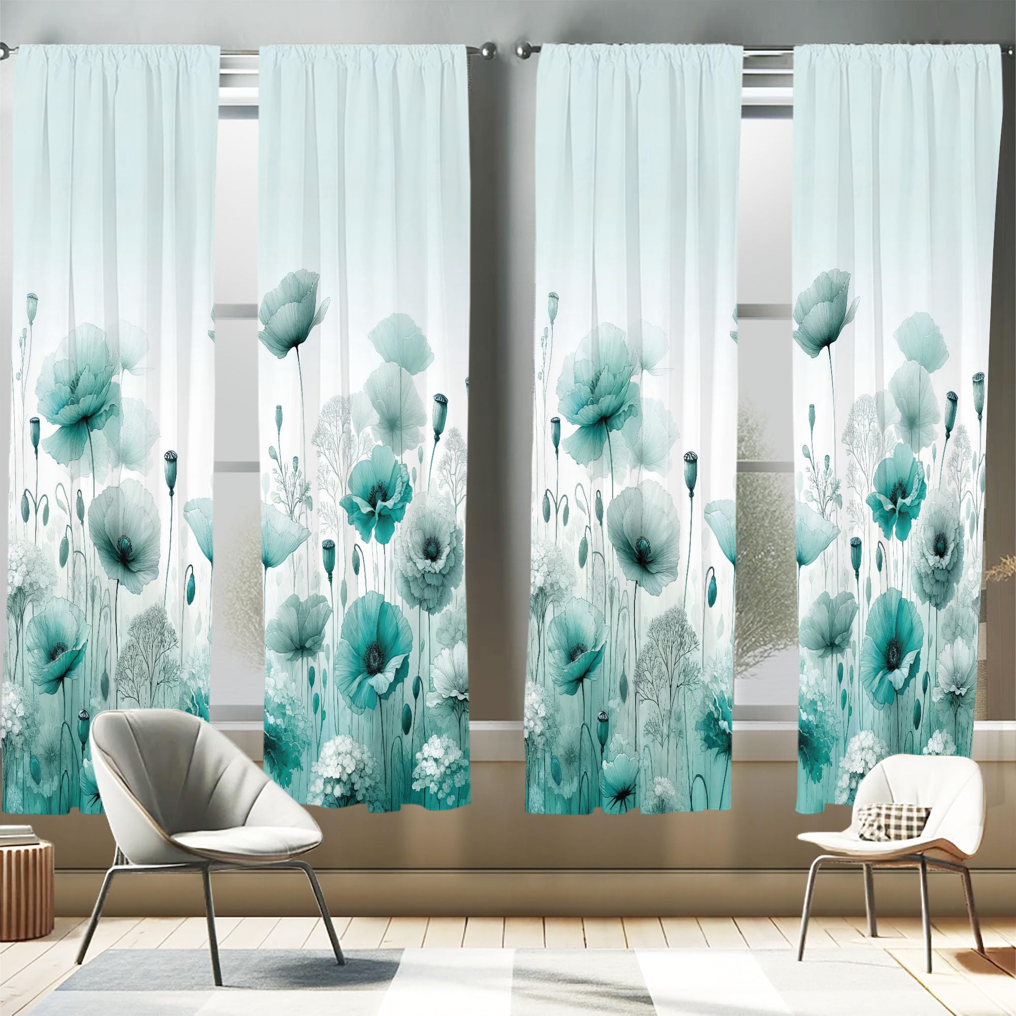 Ambesonne Turquoise Window Curtains Pack of 2, Chill Atmosphere of Flowering Poppy Scene with Oceanic Green Tones, Lightweight S