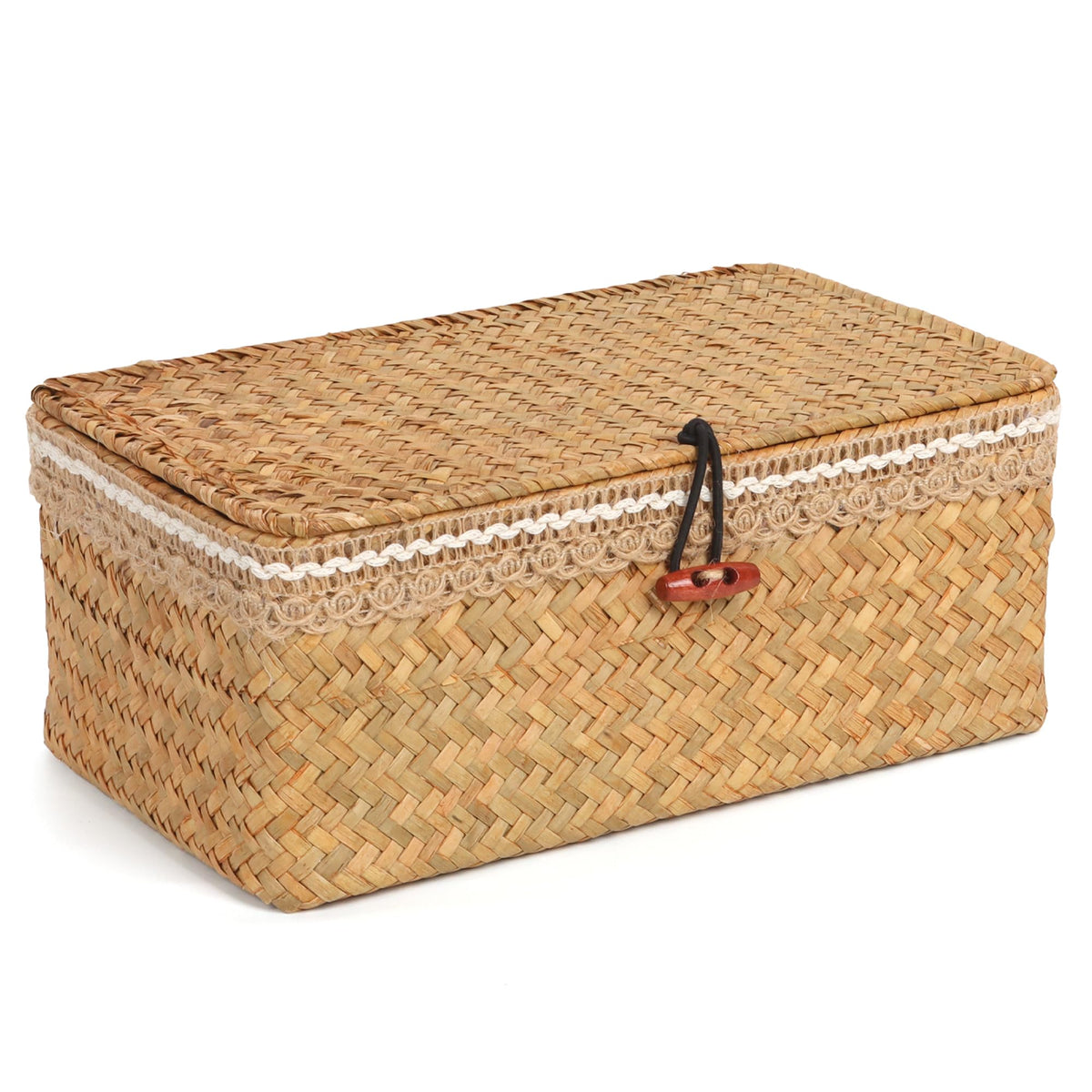 FEILANDUO Wicker Shelf Baskets with Lid  Boho Lace Decorative Storage Boxes, Handwoven Baskets Rectangular Seagrass Bins for Ho