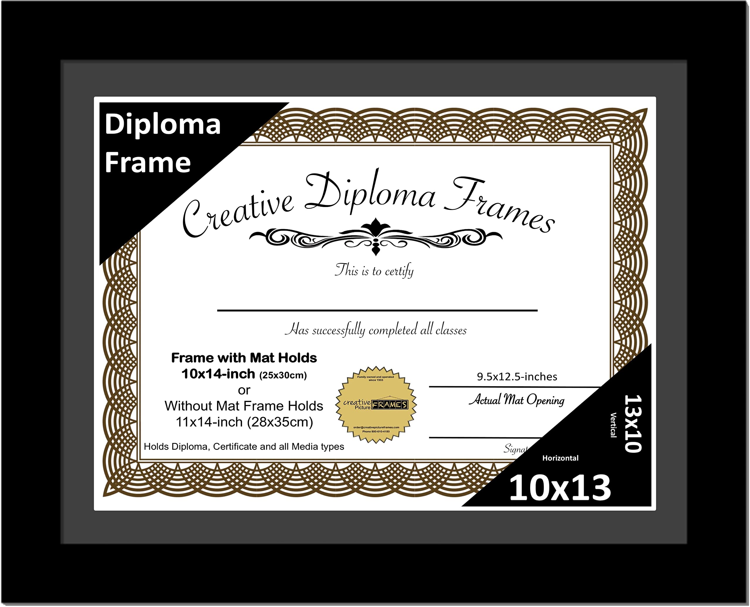 Creative Picture Frames 10x13 Classic Black Diploma Frame with Black Mat Glass Easel and Installed Wall Hangers | Frame Holds 11