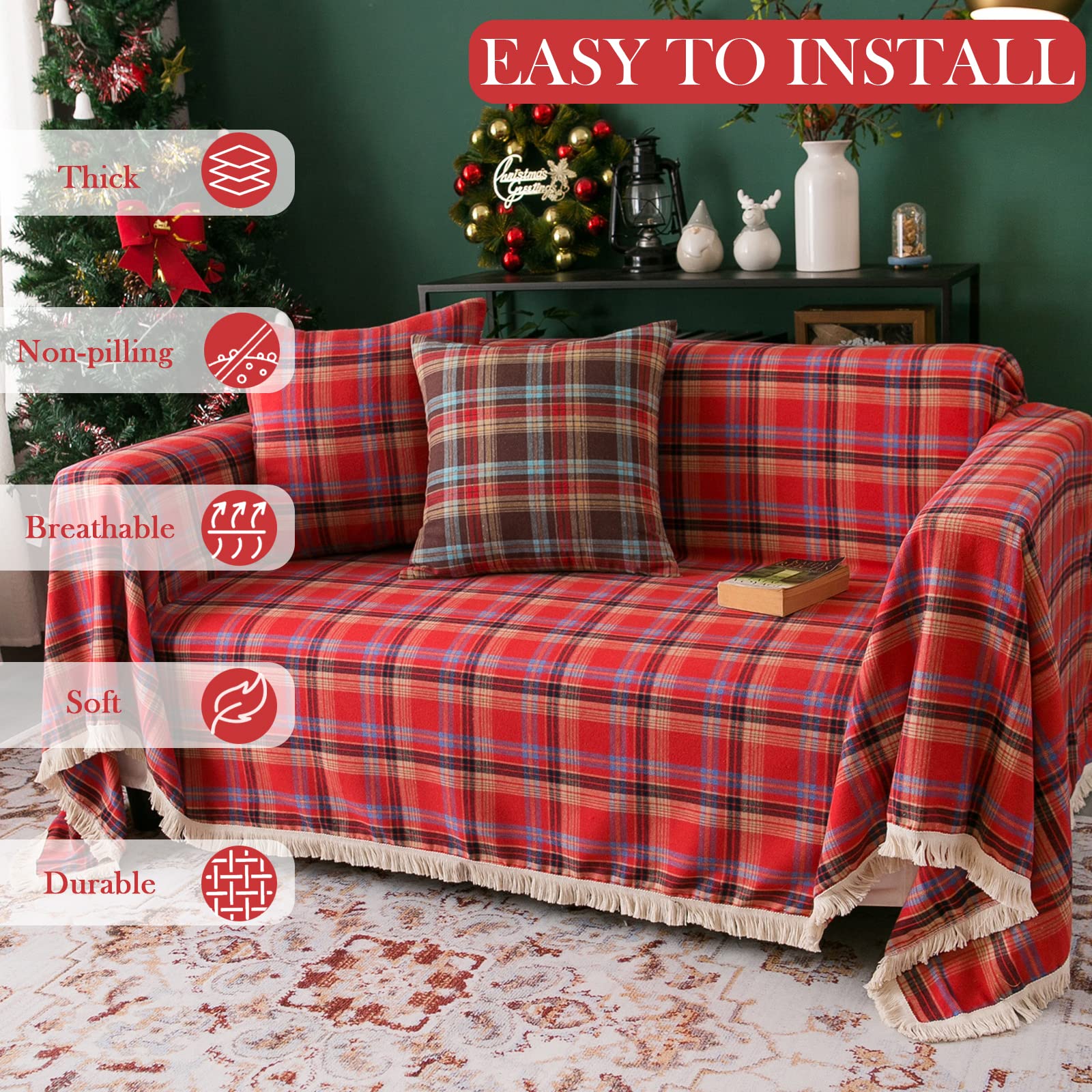 Handontime Red Plaid Couch Cover Christmas Decorations, Sofa Cover For Couch Buffalo Check Sectional Couch Covers For Dogs Cats Red And Black Grid 3 Seater Couch Cover Couch Cushion Covers, 71'X 134'