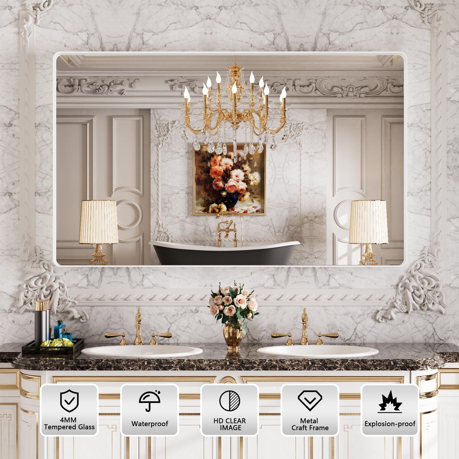 Istripmf White Bathroom Mirror 60X36 Inch, Large Matte White Bathroom Vanity Mirror,Rectangle Round Corner White Metal Framed Mi