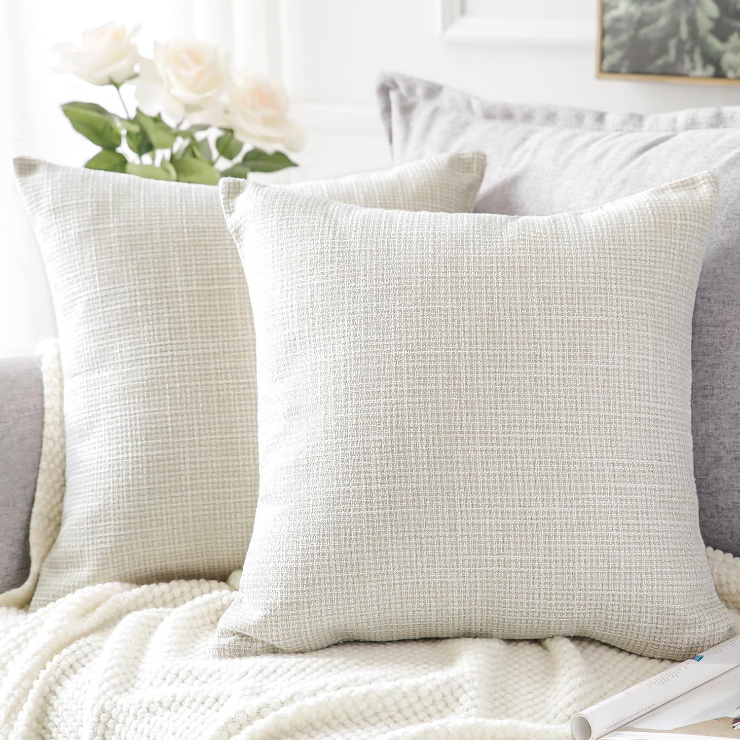 Otostar Linen Throw Pillow Covers Set Of 2 Decorative Square Pillowcases Cushion Covers 14X14 Inch For Home Decor Sofa Bedroom Car 35 X 35 Cm Beige
