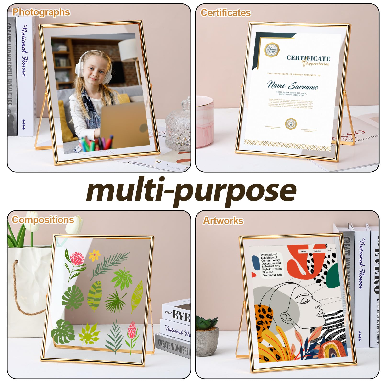 Fixwal Gold Frame Floating Picture Frame Set Of 2, 8 X 10 Tempered Glass Frame, For Tabletop Display, Gold Metal Display Frame,