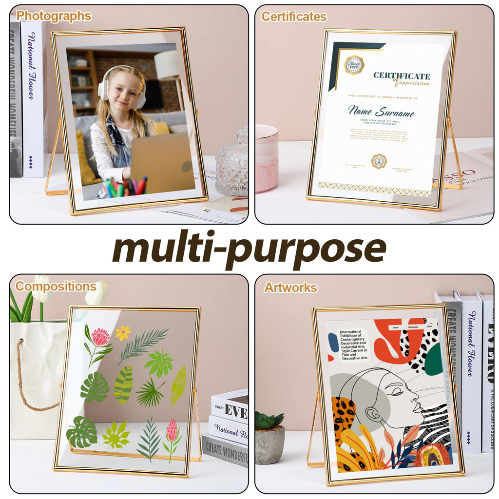 Fixwal Gold Frame Floating Picture Frame Set Of 2, 8 X 10 Tempered Glass Frame, For Tabletop Display, Gold Metal Display Frame,