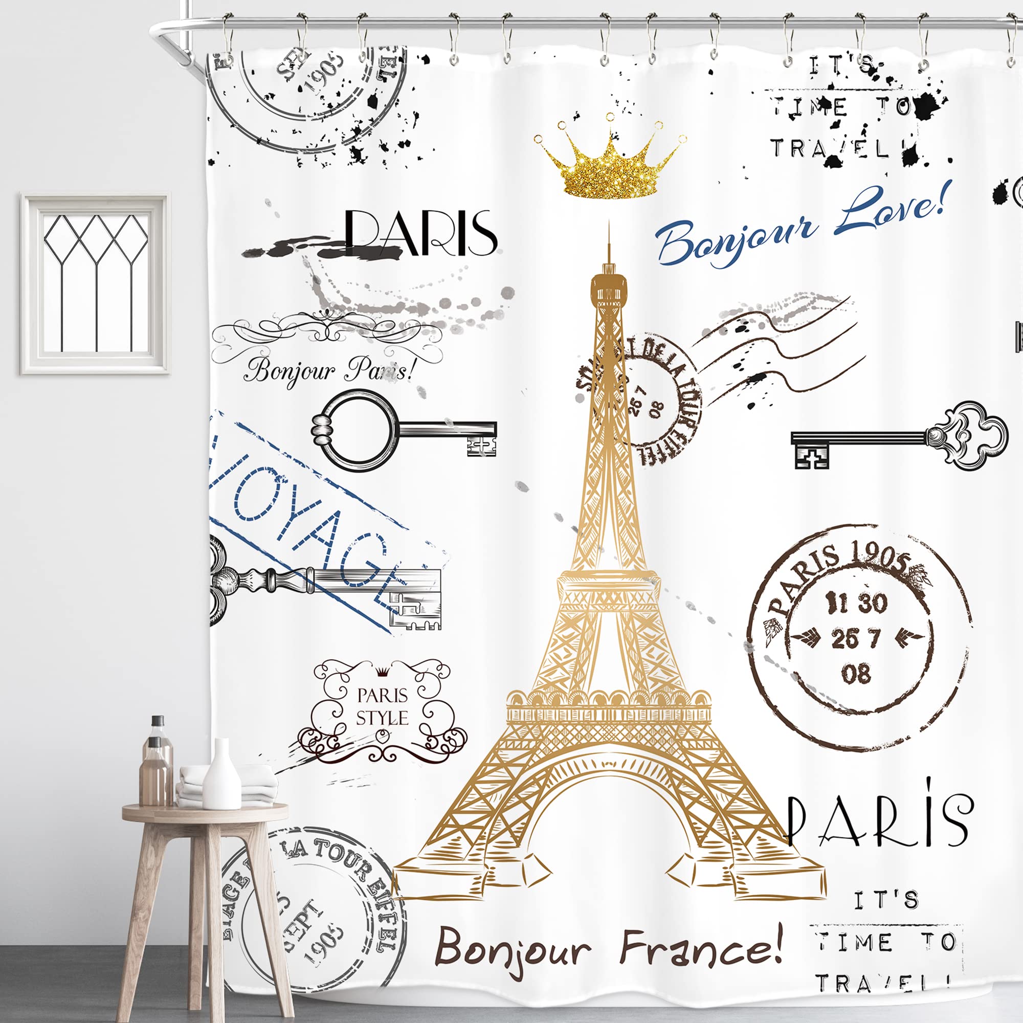 Homewelle Pairs Eiffel Tower Theme Shower Curtain For Bathroom Neutral French 60Wx72H Golden Lettering European France Crown Pos