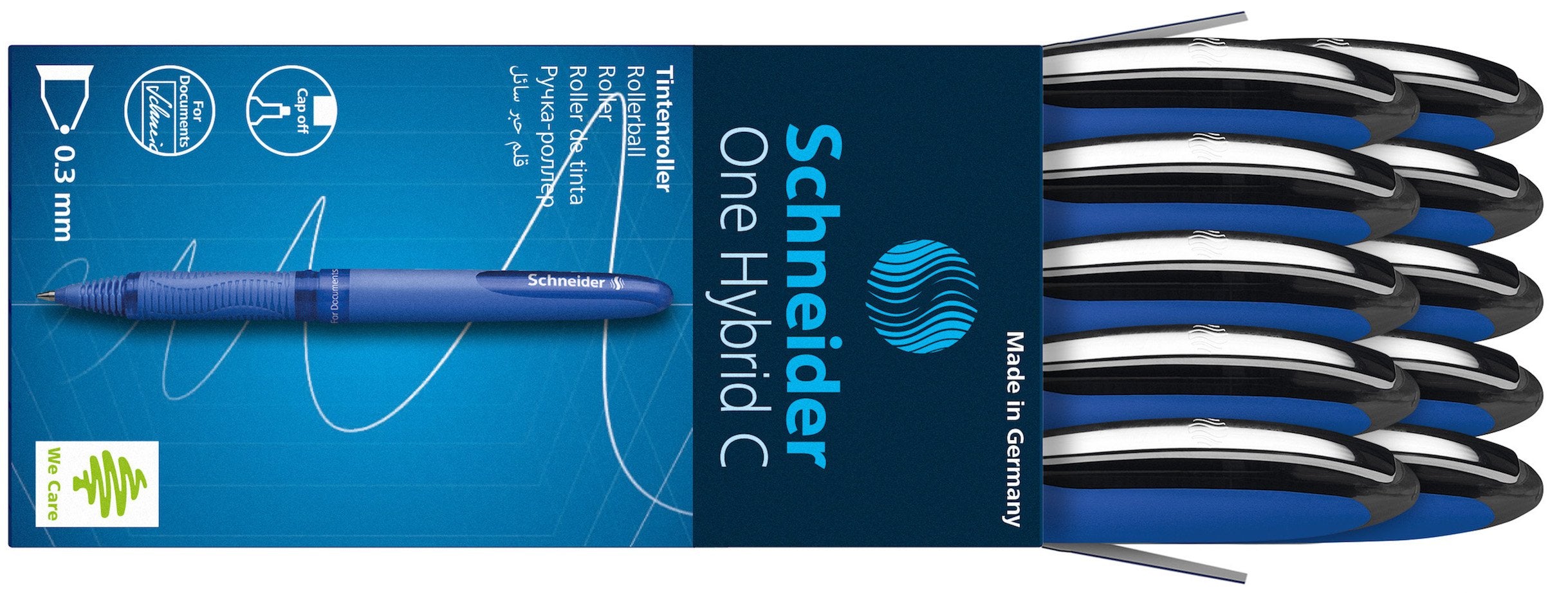 Schneider One Hybrid C Rollerball Pen, 0.3 Mm Hybrid Conical Tip, Light Blue Barrel, Black Ink, Box Of 10 Pens (183101)