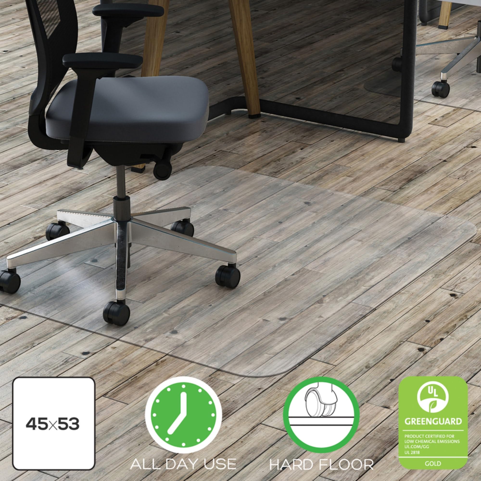 Deflecto Polycarbonate Hardfloor EconoMat Clear Chair Mat, Hard Floor Use, Rectangle, Straight Edge, 45&quot; x 53&quot;, Clear