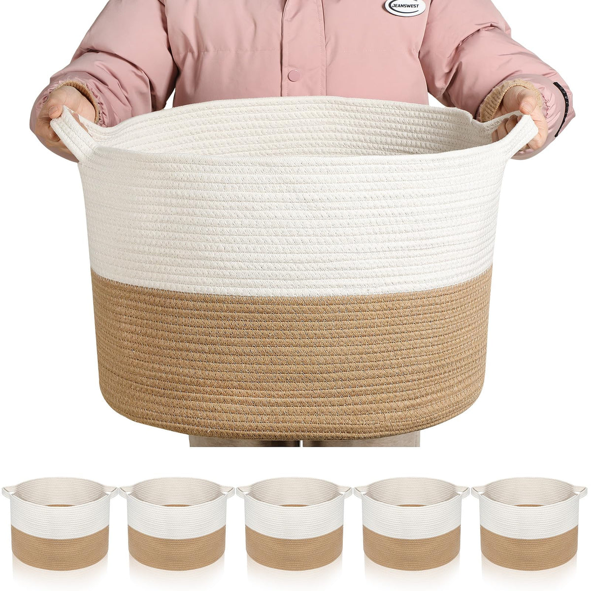 Sawysine 6 Pcs Round Cotton Rope Storage Basket 20 x 20 x 13 Inches Woven Basket for Blankets Decorative Cloth Laundry Basket wi