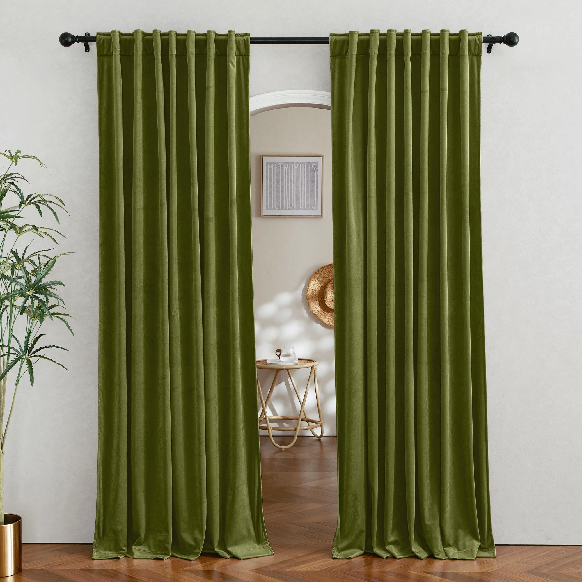 Ryb Home Green Velvet Curtains For Bedroom - Soft Farmhouse Window Decor Room Darkening Thermal Insulating Drapes For Living Room Dining Home Office, Width 62 X Length 96 Inch, Moss Green, 1 Pair