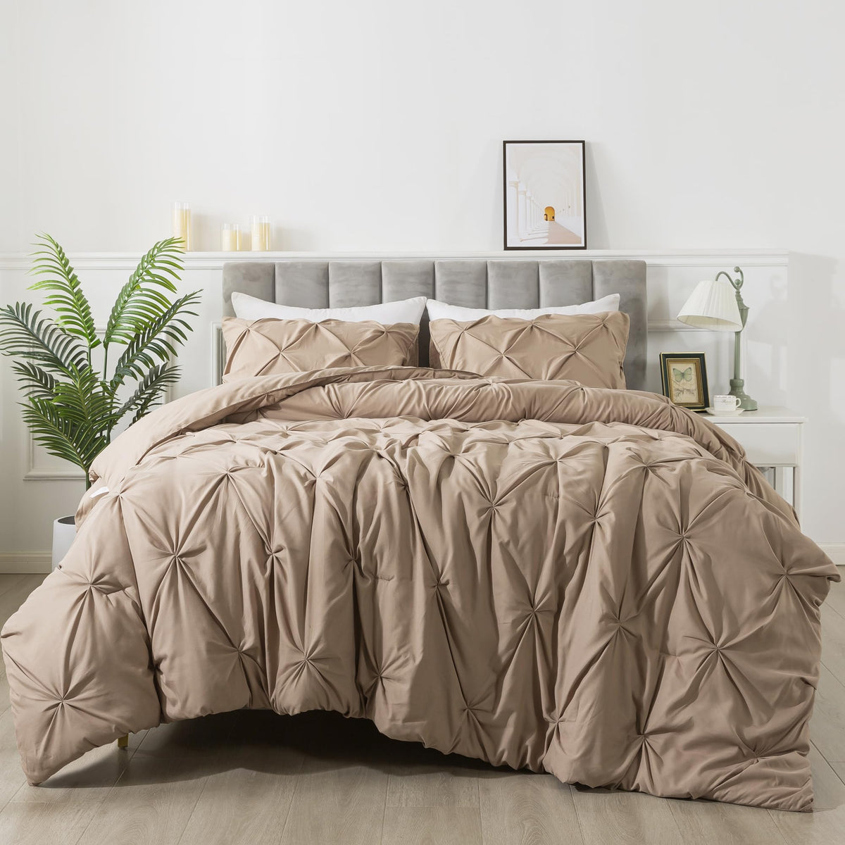 Andency Taupe Queen Comforter Set, 3 Pieces All Season Warm Soft Bedding Comforters & Sets For Queen Bed, Lightweight Pinch Pleat Bed Set For Adults Teens (90X90Inch)