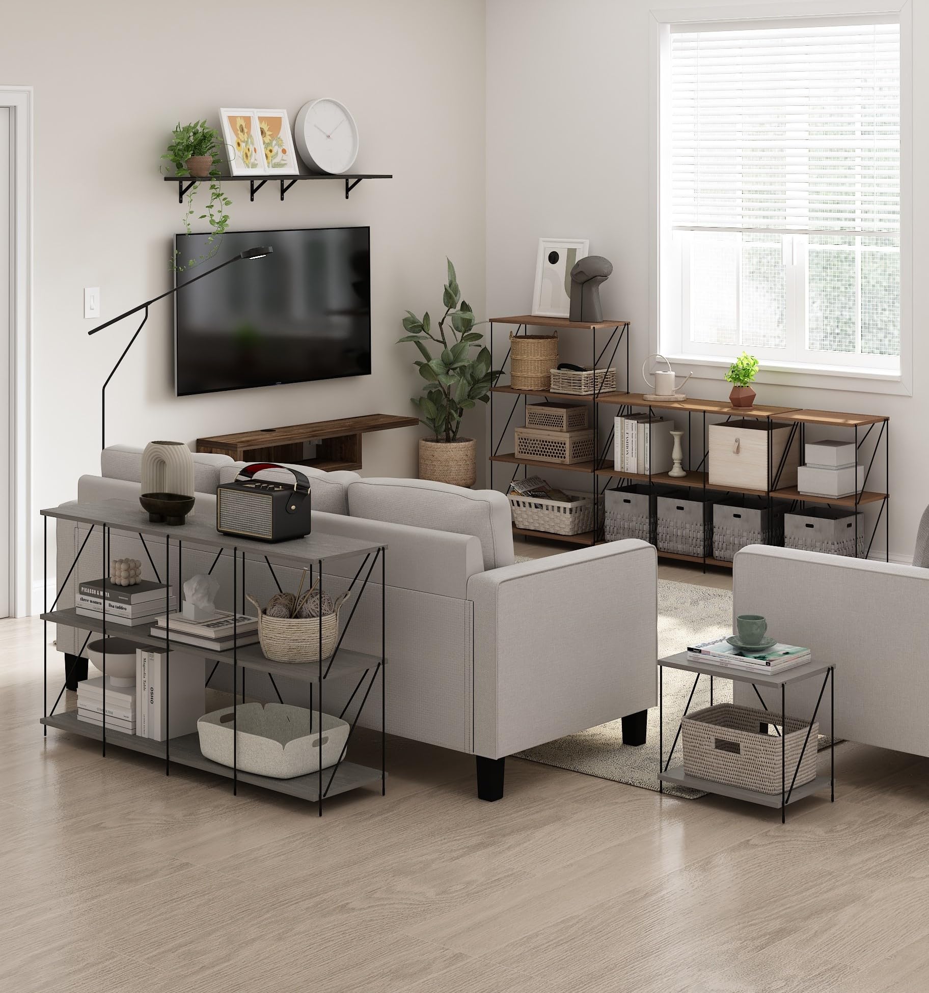 Furinno Besi 5-Tier Industrial Multipurpose Shelf Display Rack with Metal Frame, Wide, Finn Oak