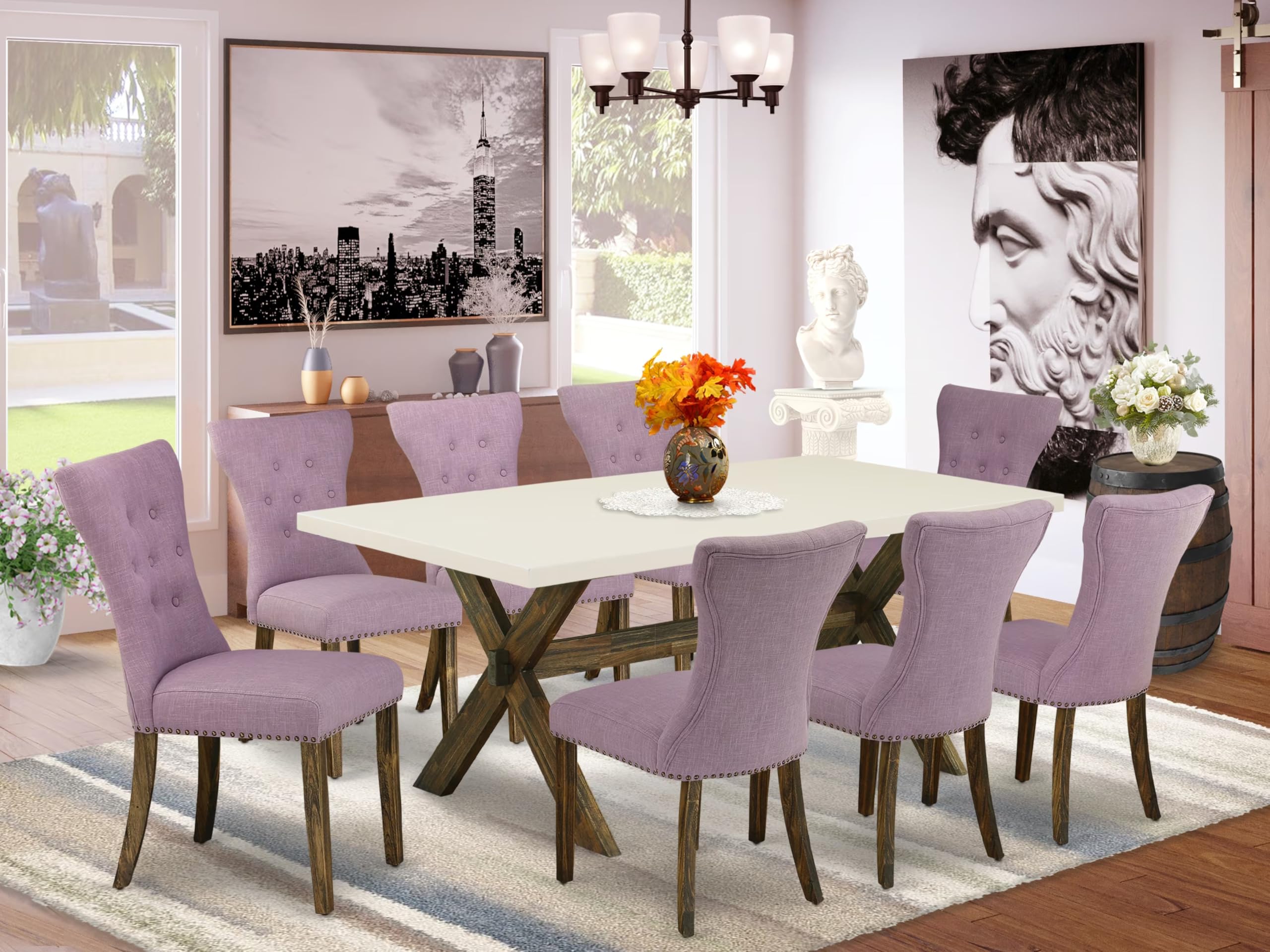 East West Furniture X727Ga740-9 9 Piece Kitchen Table Set Includes A Rectangle Dining Table With X-Legs And 8 Dahlia Linen Fabric Parson Dining Room Chairs, 40X72 Inch, Multi-Color