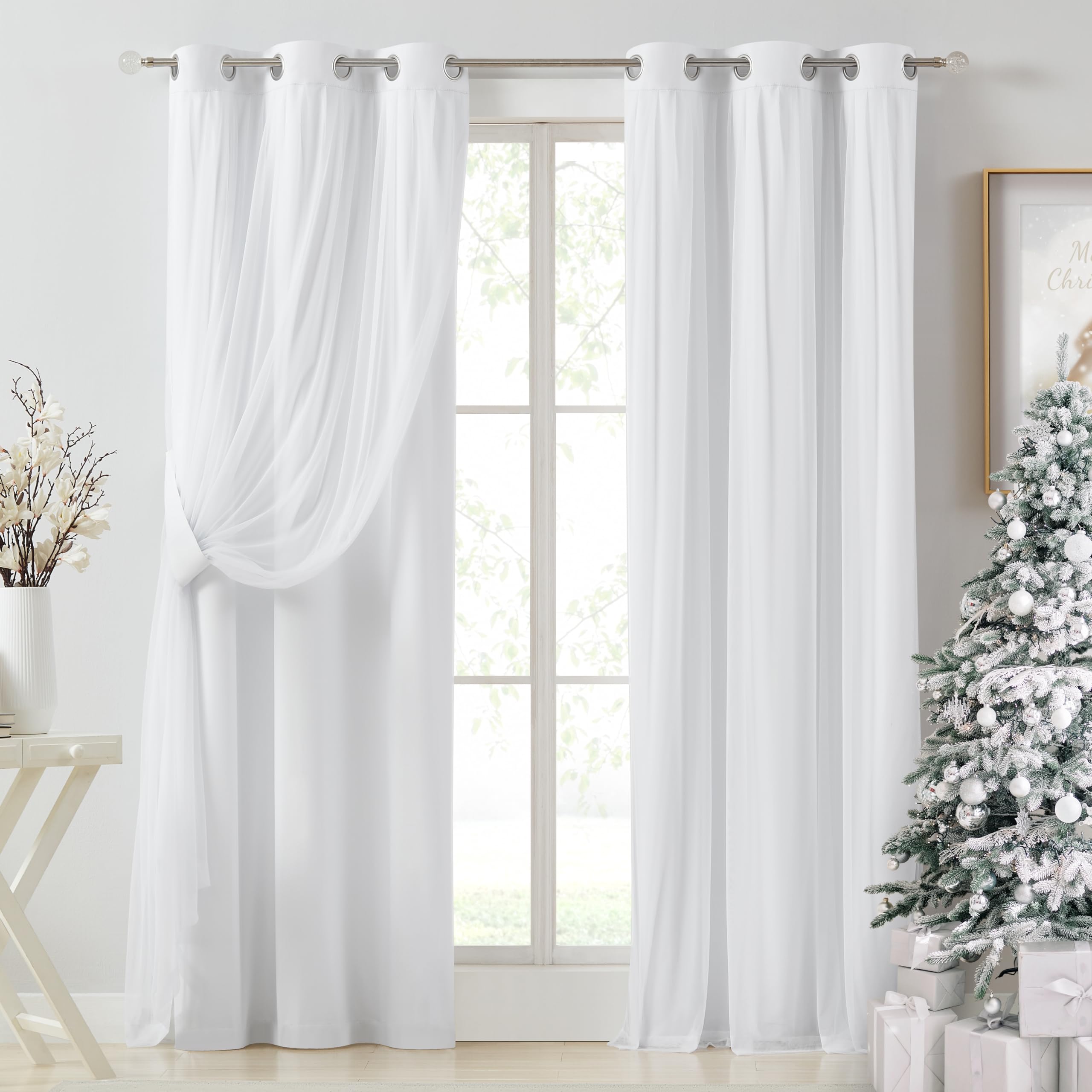 Bujasso White Full Blackout Curtain Panels With Sheer Overlay Mix And Match Double Layer Thermal Insulated Window Treatment Set