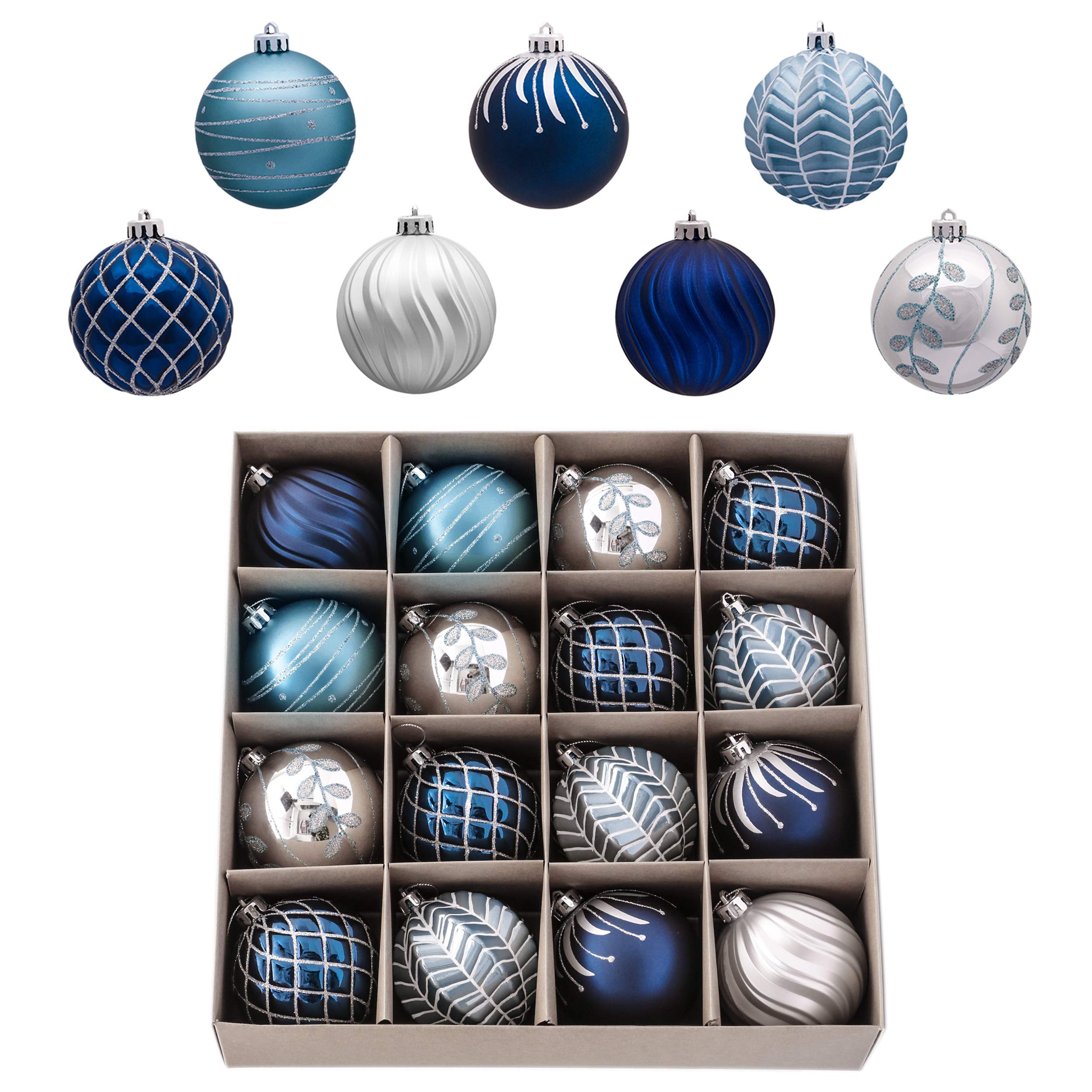 Valery Madelyn Shatterproof Christmas Ball Ornaments, 16ct Navy Blue and Silver Set for Holiday Tree Decorating, 3.15 Inch Size