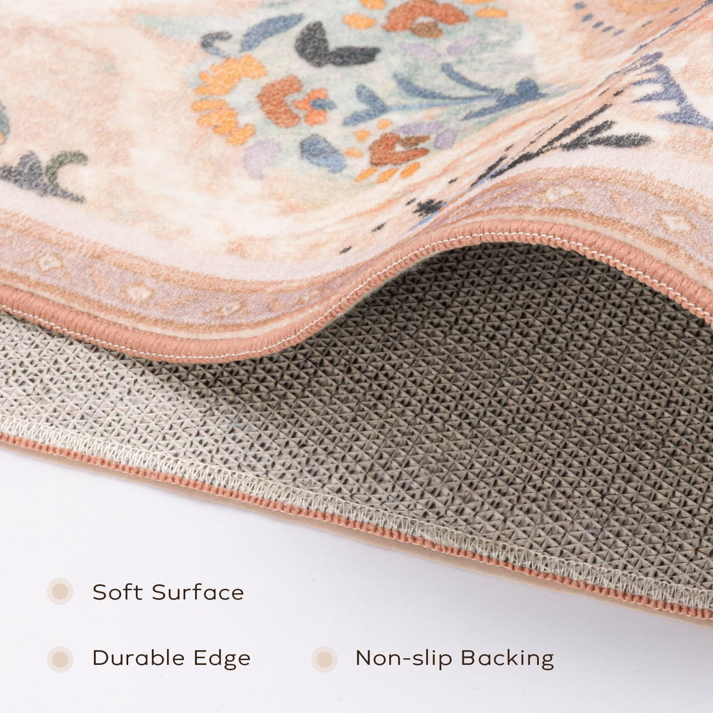 Ashler 8X10 Vintage Rug, Floral Area Rugs, Ultra-Thin Boho Tropical Rug, Vintage Large Rugs For Entryway, Kitchen, Flesh Pink/Be