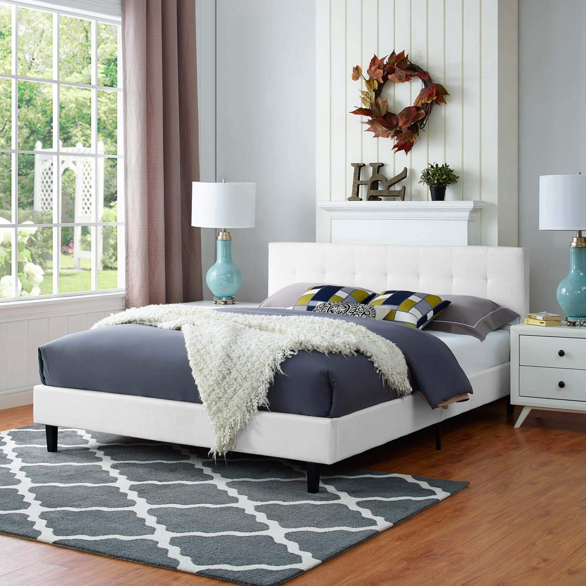 Modway Linnea Upholstered White Full Platform Bed With Wood Slat Support