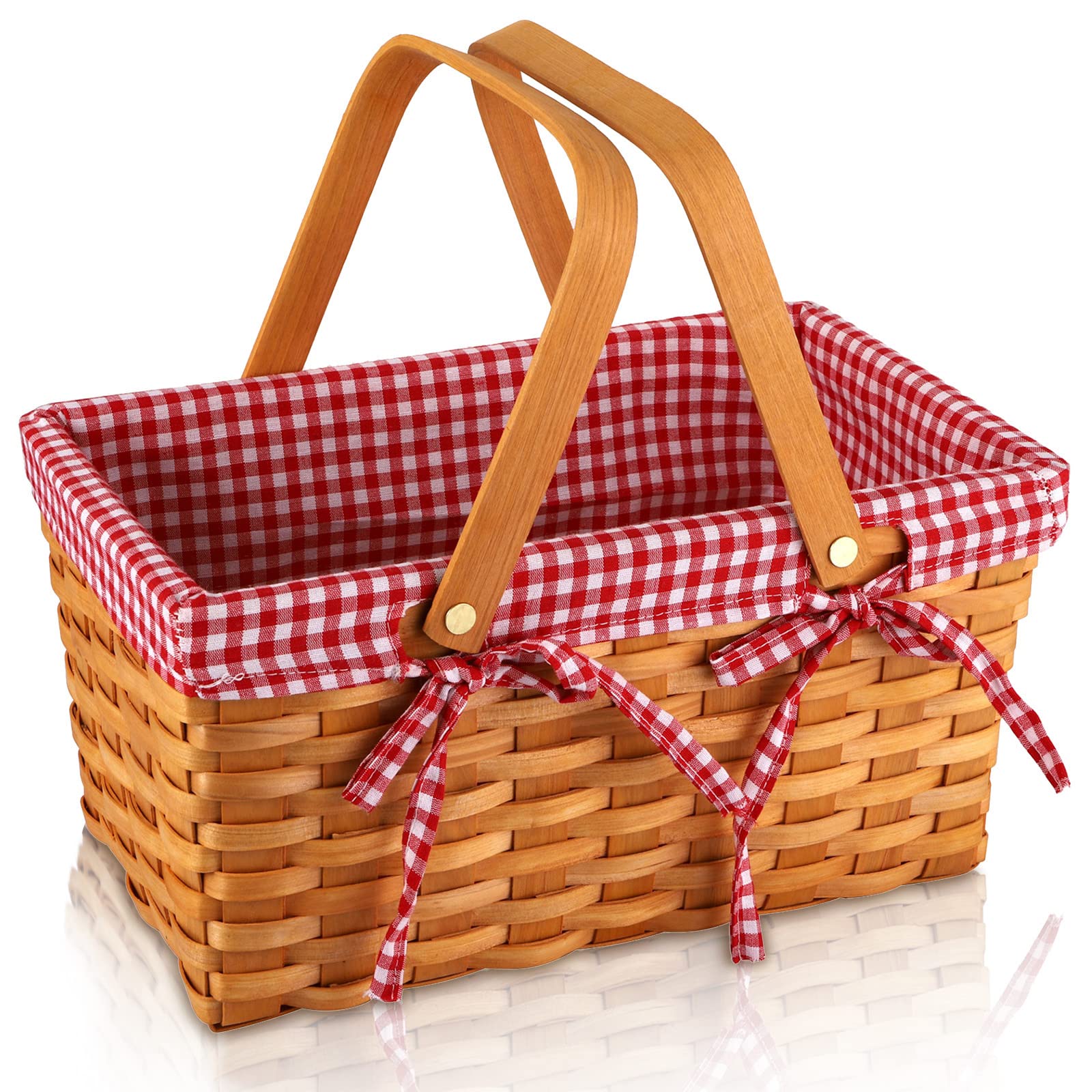 Yesland Picnic Basket, Natural Woven Basket With Double Folding Handles, Woodchip Basket & Organizer Blanket Storage For Egg Gat