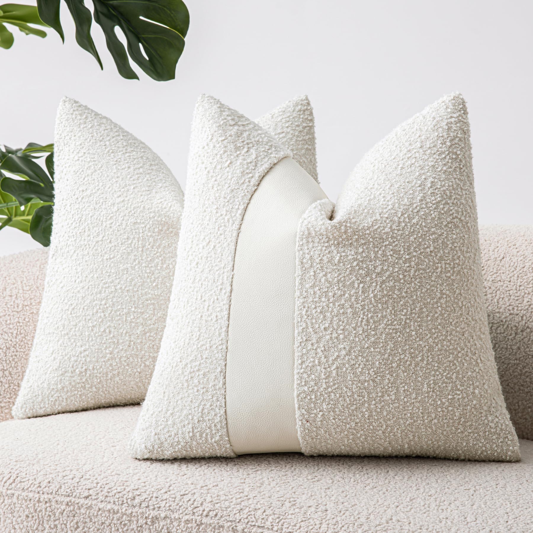 Sinyasan 18'X18' White Boucle Throw Pillow Covers With Faux Leather Accents Set Of 2 Fluffy Textured Decorative Pillow Cases F